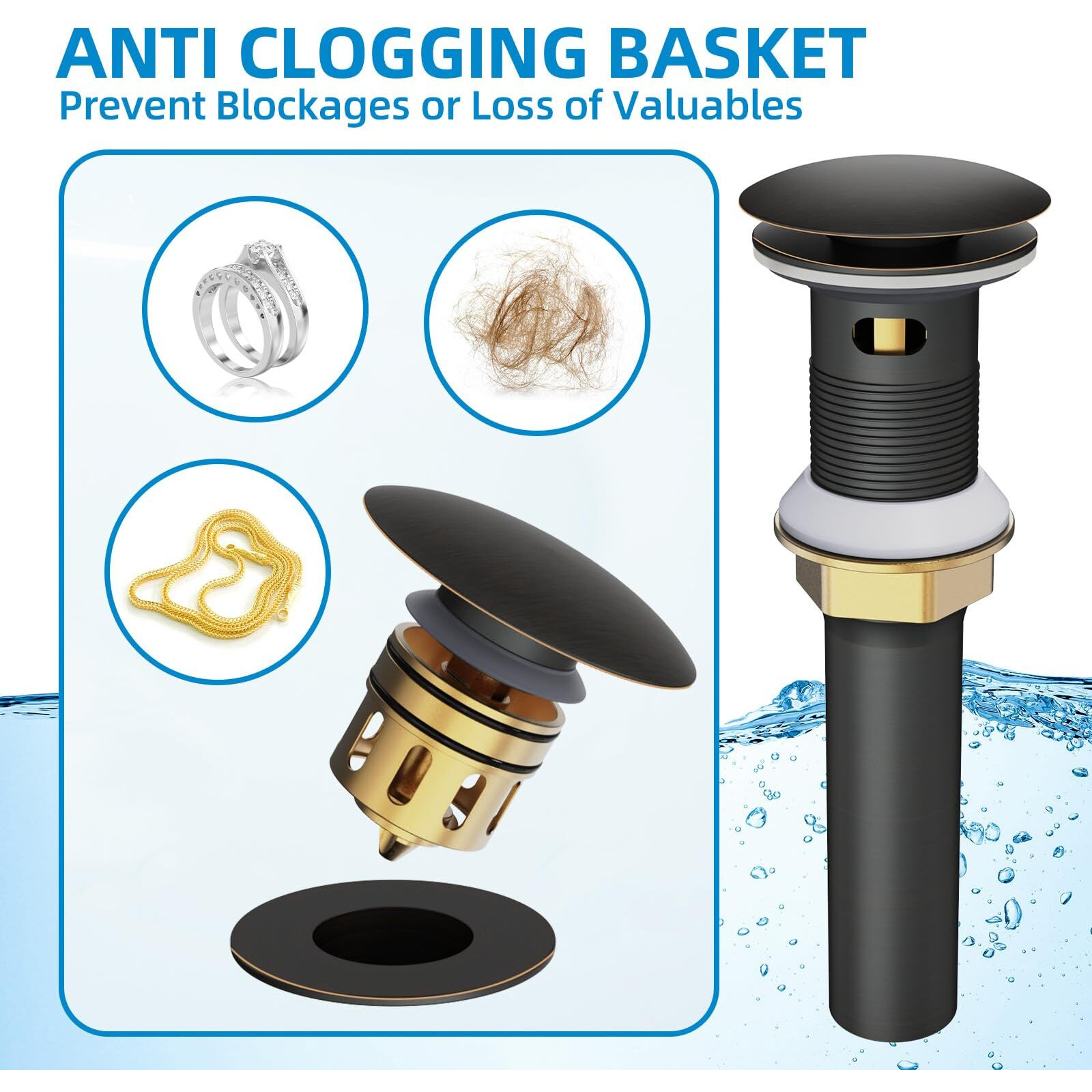 Yodel Faucet Bathroom Sink Drain With Overflow, Pop Up Drain For Bathroom Sink With Anti-Clogging Hair Catcher Basket,Oil Rubbed Bronze