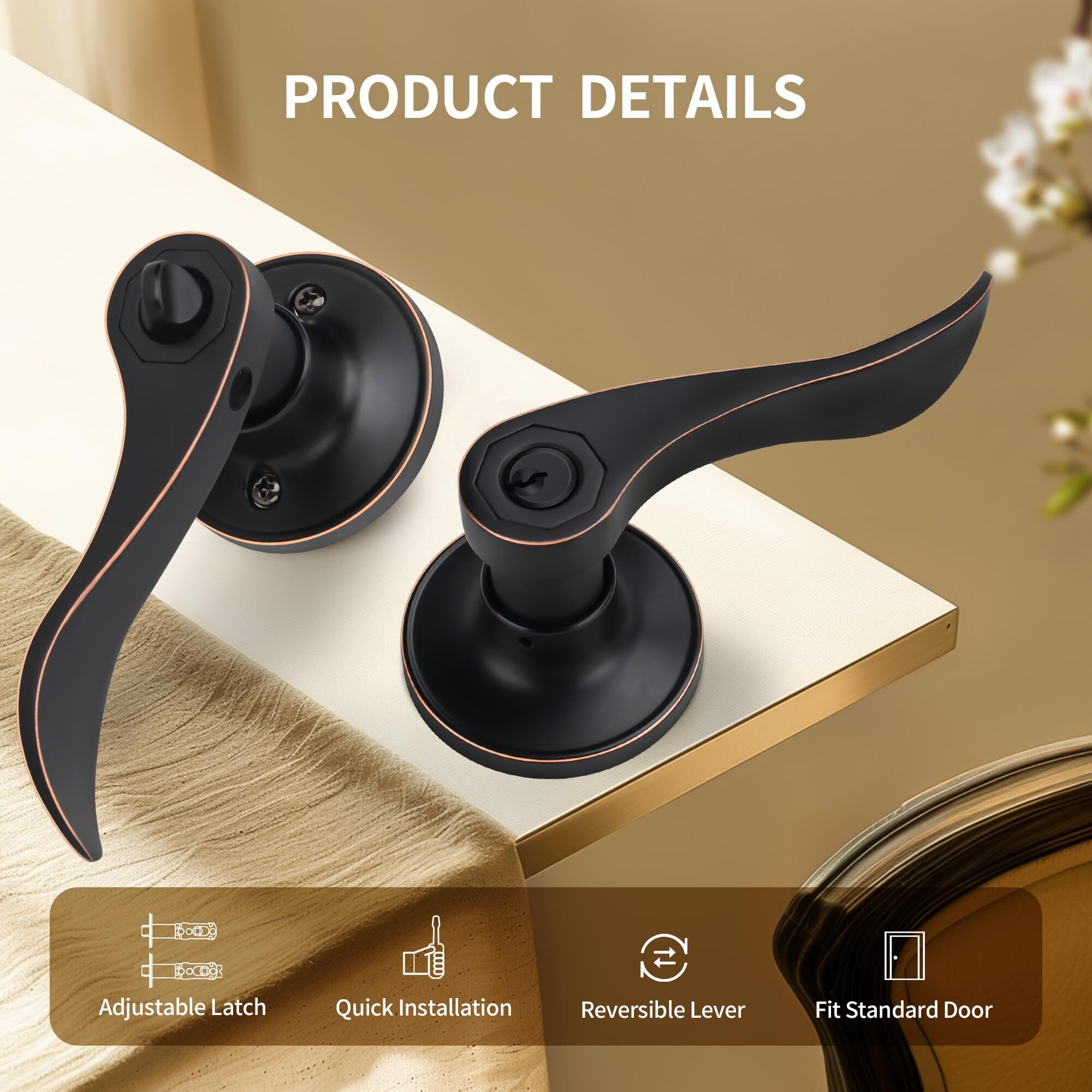 Moquin Wave Design Keyed Entry Door Lever With Lock, Reversible Door Handle For Right/Left Side Front/Entrance Door Lock In Oil-Rubbed Bronze (Red Margin) Finish