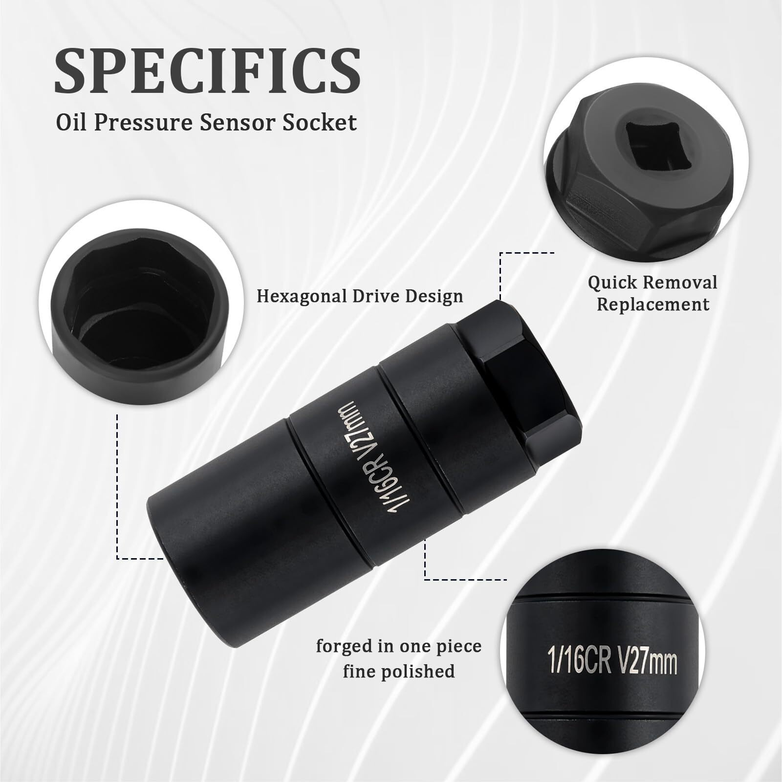 Figpade Oil Pressure Sensor Socket,Hexagonal Drive-27Mm Socket Socket For Removing Oil Sending Unit,Heavy Duty Chrome Molybdenum Steel 1 1/16 Socket Fits 3/8"" Drive,1 1/8"" Hex Wrench (Black)