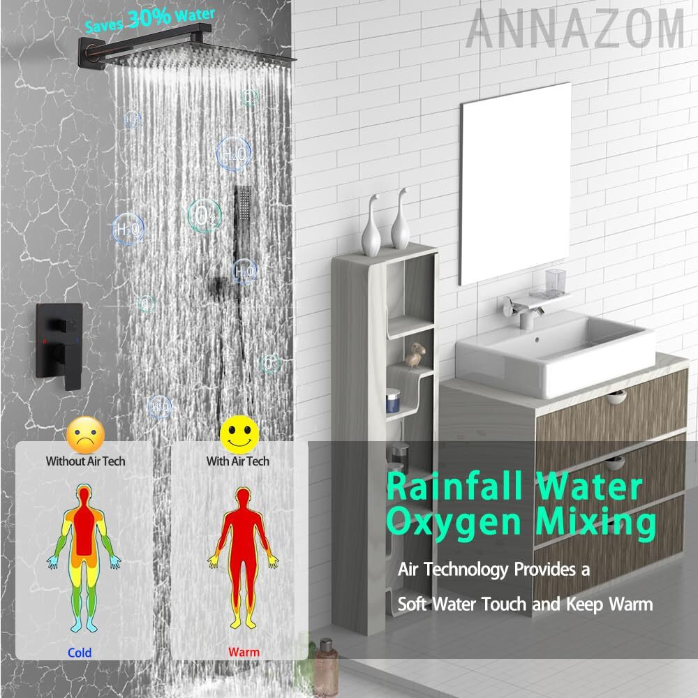Annazom Oil Rubbed Bronze Rain Shower Faucet Set Shower System 12 Inches Square Shower Head With Handheld, Waterfall Showerhead, All Metal Shower Faucet Trim Repair Kits (Contain Shower Valve)