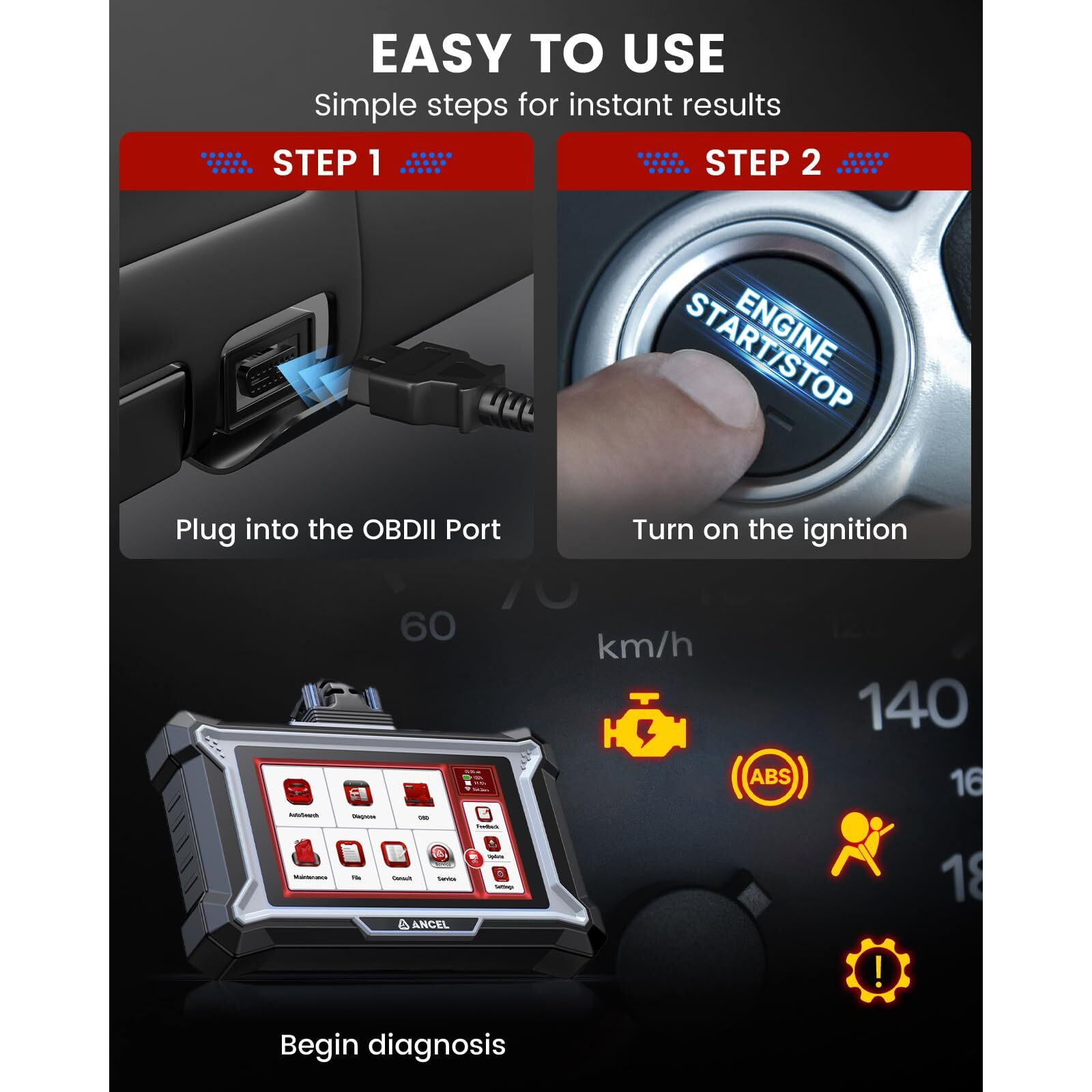 Ancel Ds100 Obd2 Scanner - Abs, Srs, Transmission & Check Engine Code Reader With 7 Reset, Oil/Brake/Bms/Sas/Ets Reset, Abs Auto Bleeding, Gear Learning, Lifetime Free Update, Online Customer Service
