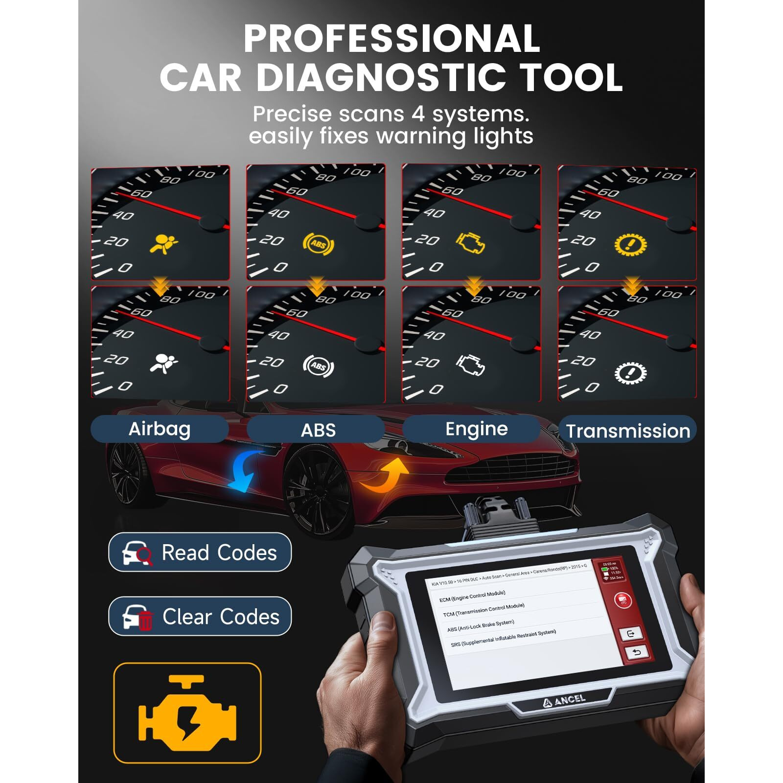 Ancel Ds100 Obd2 Scanner - Abs, Srs, Transmission & Check Engine Code Reader With 7 Reset, Oil/Brake/Bms/Sas/Ets Reset, Abs Auto Bleeding, Gear Learning, Lifetime Free Update, Online Customer Service
