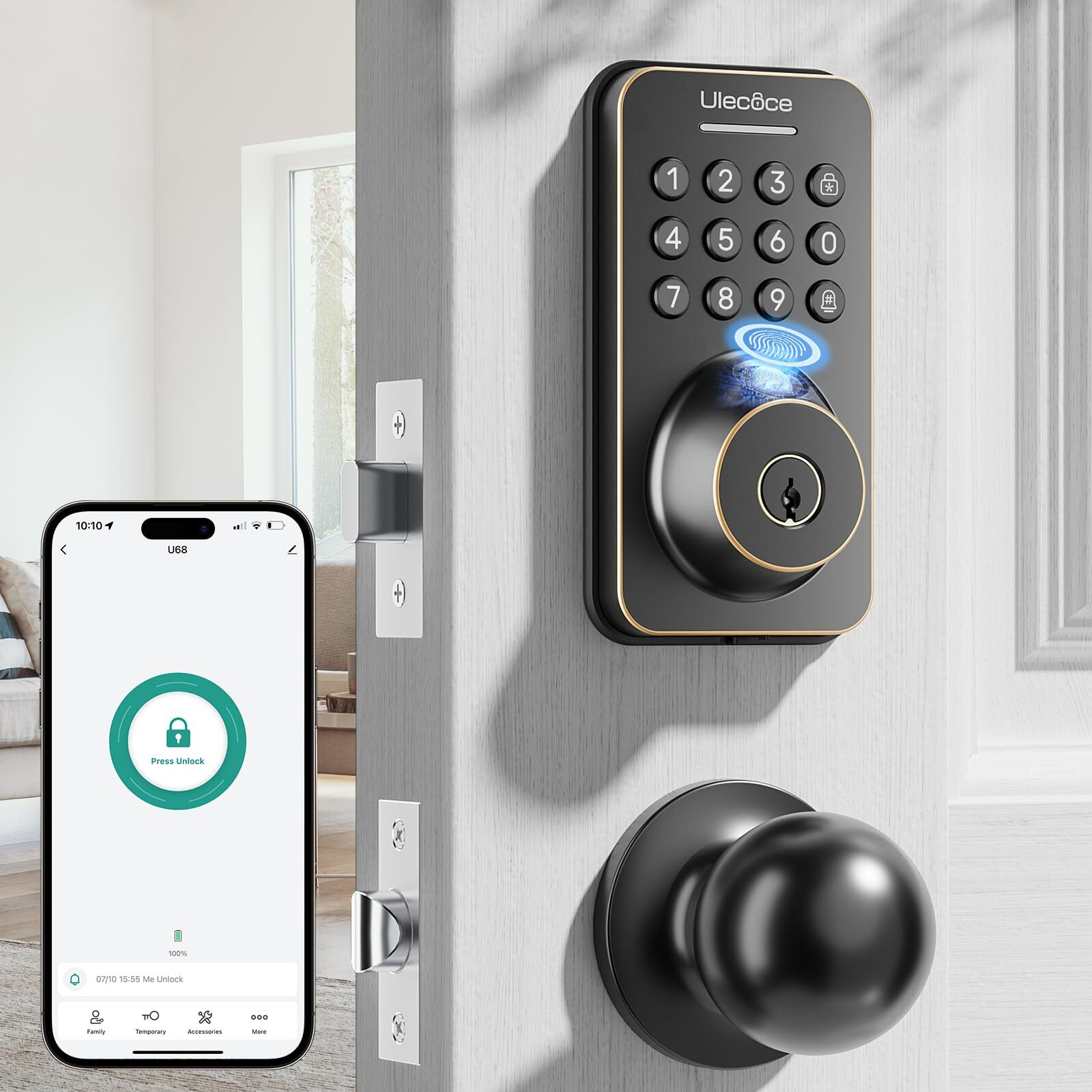 Ulecoce Fingerprint Keypad Deadbolt With Handle Set, Keyless Entry Door Lock, Door Locks For Front Door Lock Set, App Control, Auto Locking, Easy To Install, Oil Rubbed Bronze