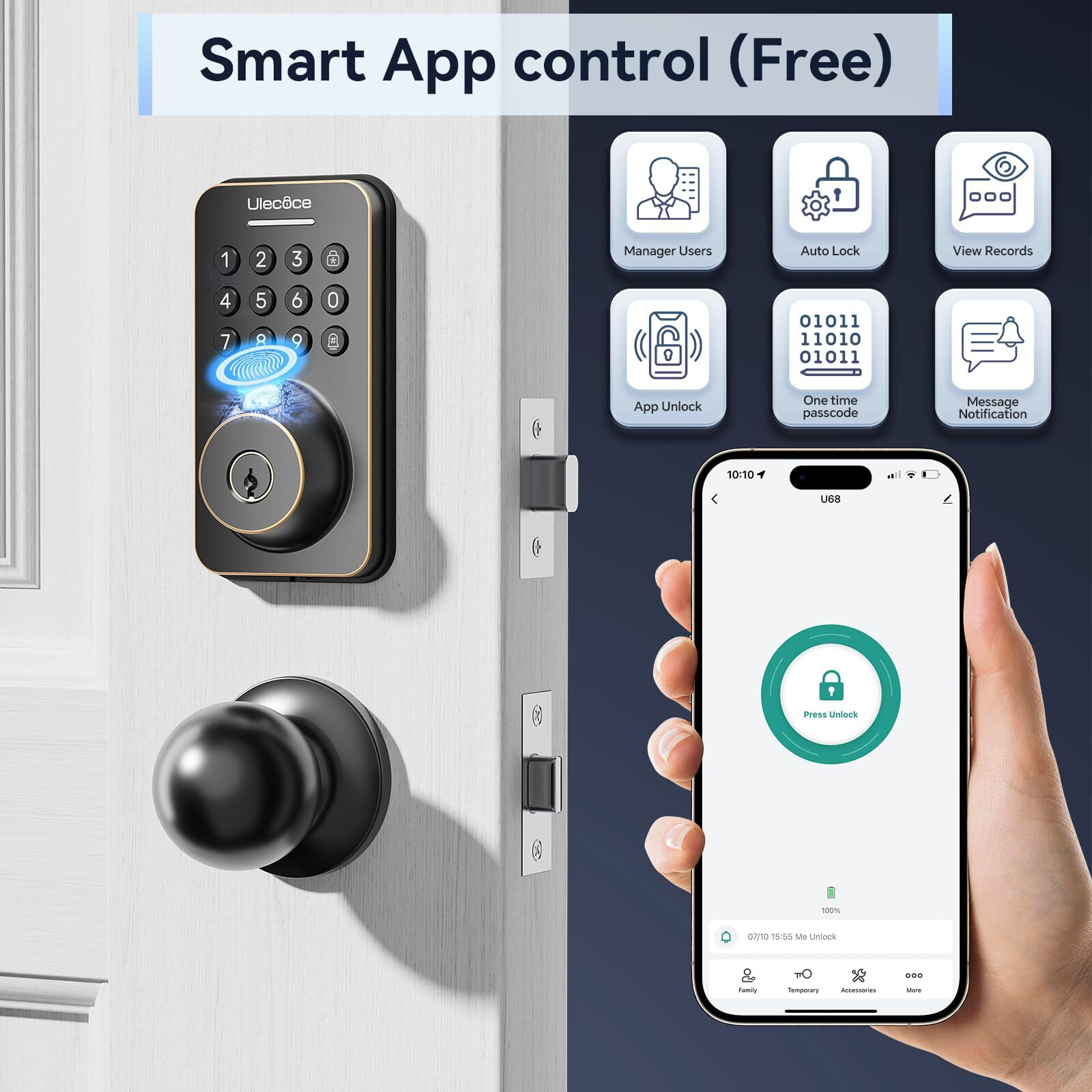 Ulecoce Fingerprint Keypad Deadbolt With Handle Set, Keyless Entry Door Lock, Door Locks For Front Door Lock Set, App Control, Auto Locking, Easy To Install, Oil Rubbed Bronze