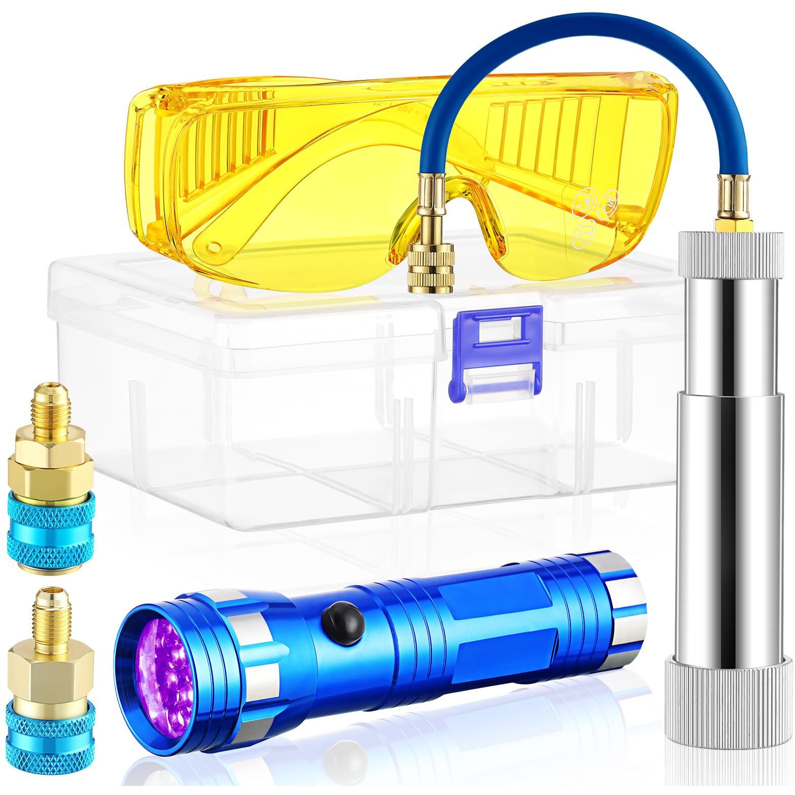 Glooglitter Oil And Dye Injector Kit With 1/4"" Connector Compatible With Sae Flashlight Uv Protective Glasses R134A Oil Injector R1234Yf Low Side Quick Coupler Compatible With R134A R22 R12 R1234Yf