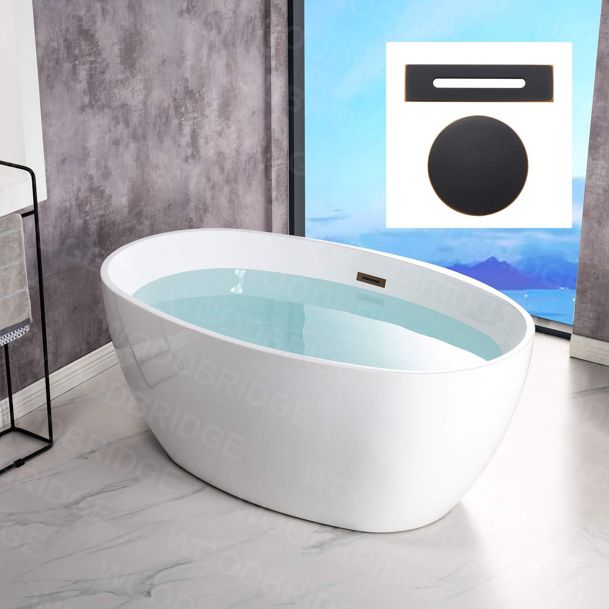 Woodbridge 55"" Acrylic Freestanding Bathtub Contemporary Soaking White Tub With Oil-Rubbed Bronze Overflow And Drain