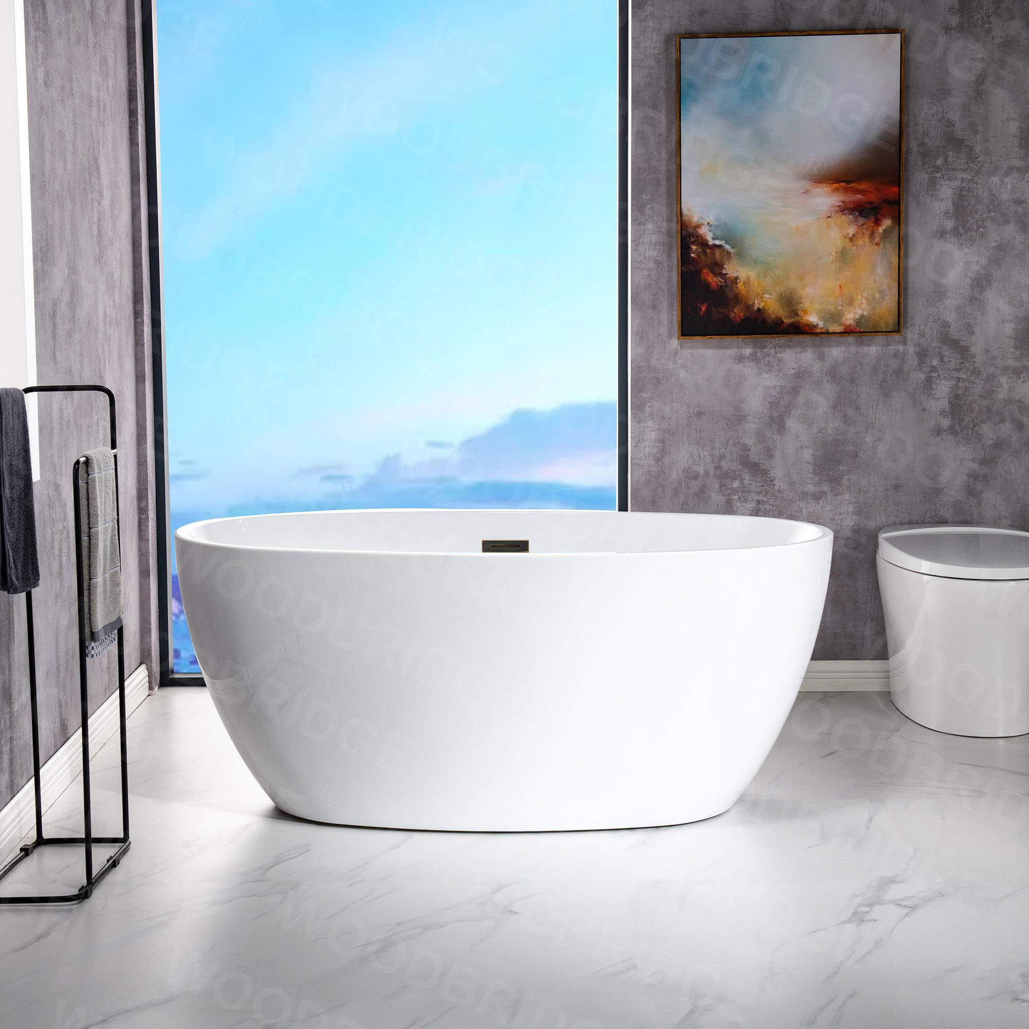 Woodbridge 55"" Acrylic Freestanding Bathtub Contemporary Soaking White Tub With Oil-Rubbed Bronze Overflow And Drain