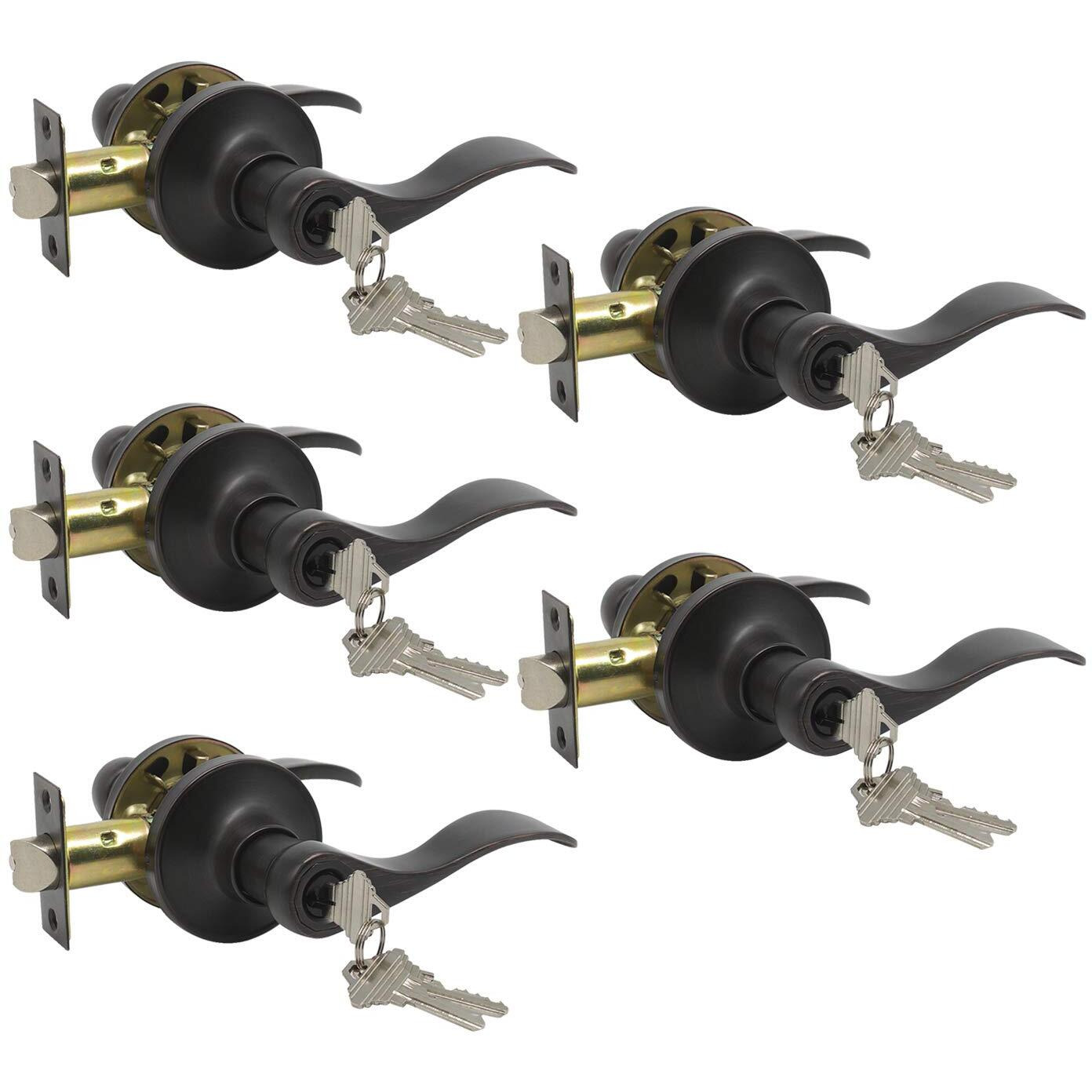 Gobrico Combo Oil Rubbed Bronze Keyed-Alike Entry Door Locks Wave Handle Lever With Same Key, 5Pack
