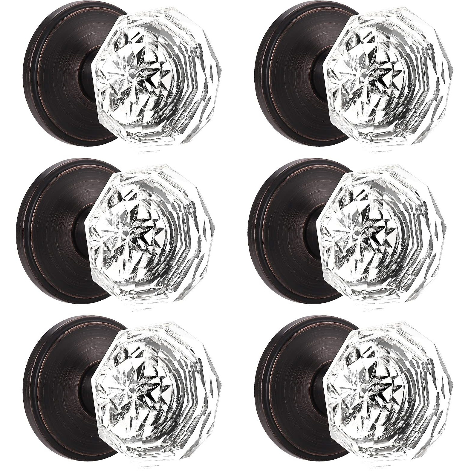 Orger Crystal Dummy Door Knobs For French Door/Balcony Pantry, Keyless Interior Door Handles Without Lock, Clear Glass With Zinc Alloy Oil Rubeed Bronze Base, 6 Pack