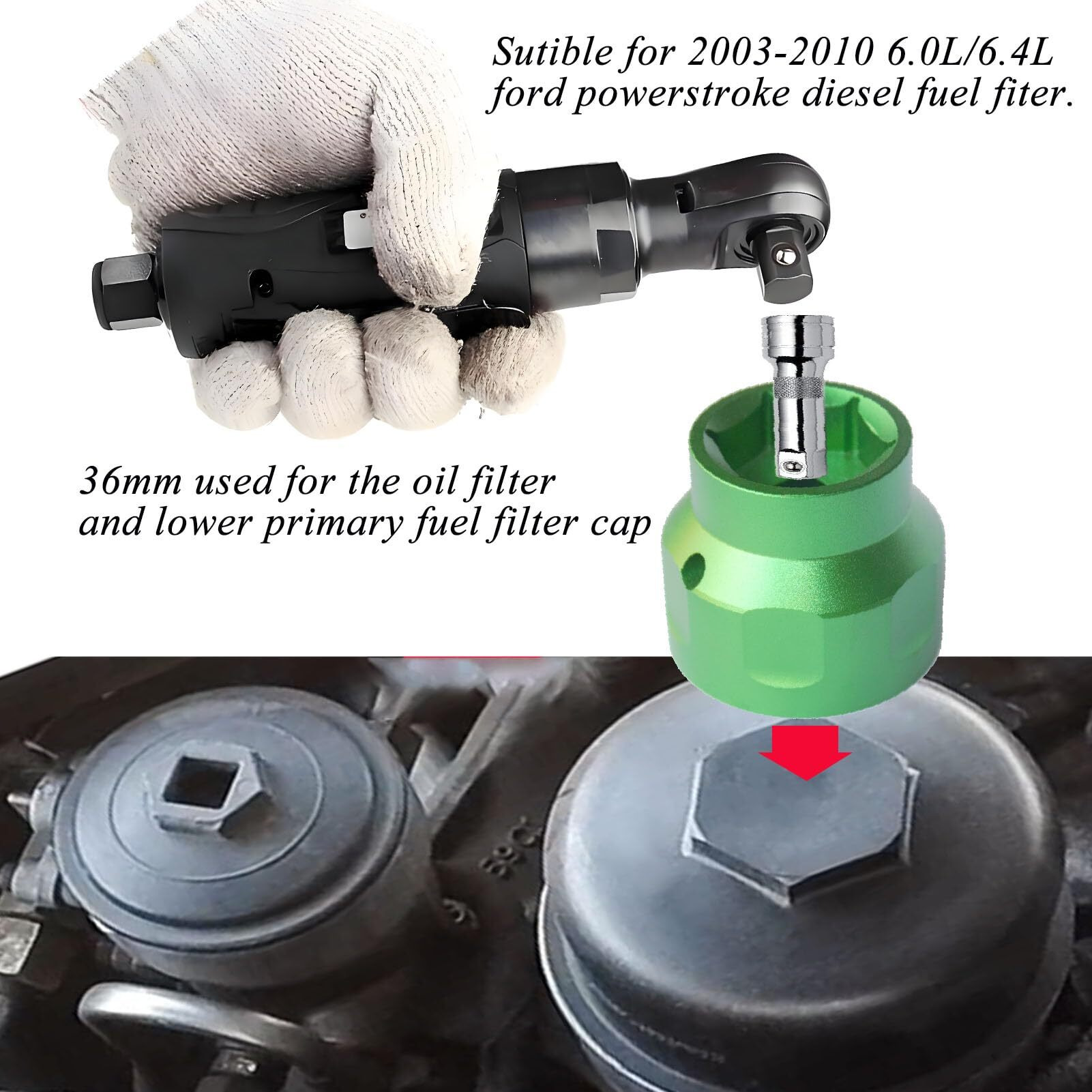 Felisbieti 6.0 Powerstroke Oil Filter Socket, Only For Ford 6.0L/6.4L Powerstroke Diesel,Fuel/Oil Filter Cap Removal Socket Tool-24Mm/36Mm Socket