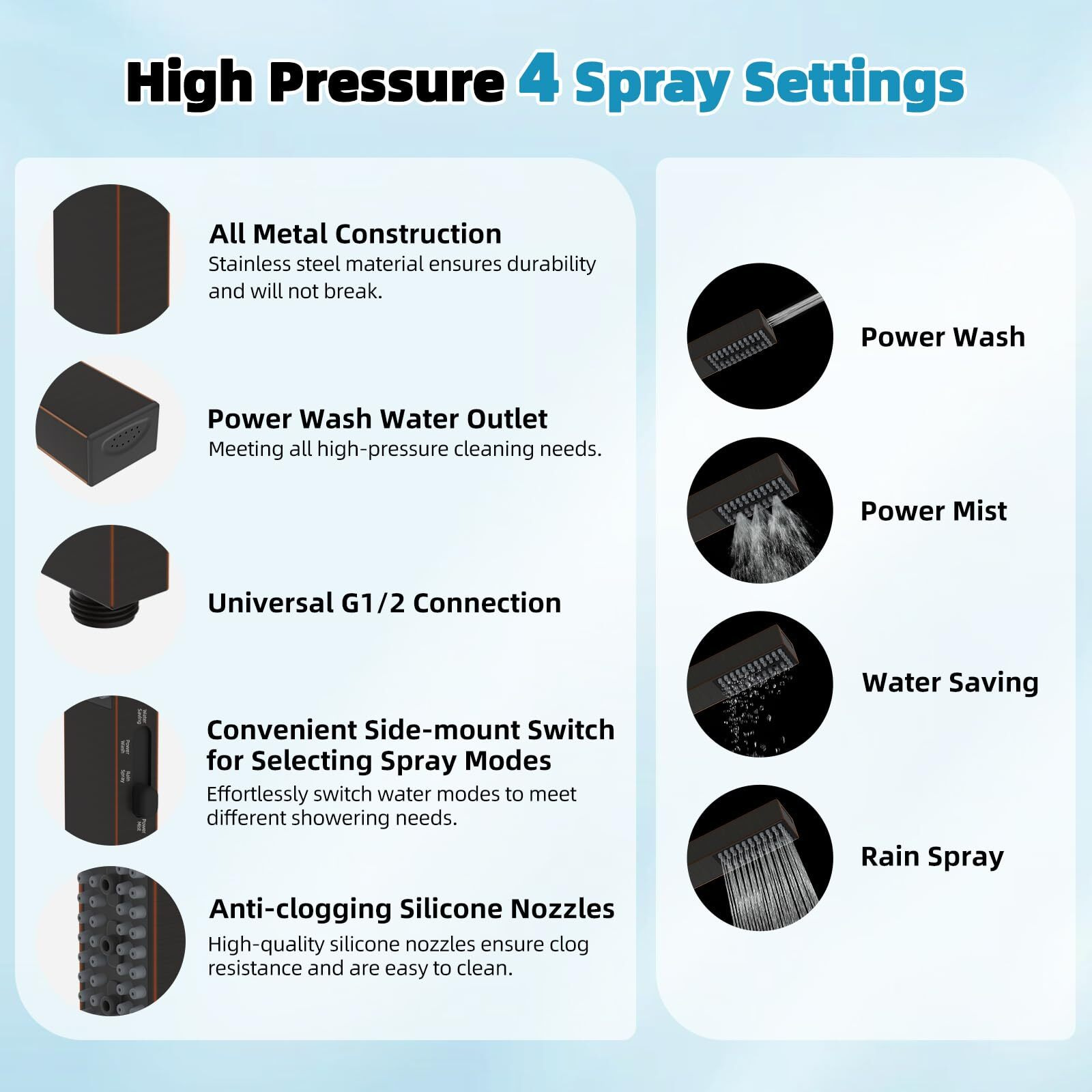 Hibbent All Metal High Pressure 10'' Rainfall Shower Head, Showerhead Combo With 4-Mode Handheld Spray, 12'' Adjustable Extension Arm, Extension Bar, Easy Reach Holder, 71'' Hose, Oil Rubbed Bronze