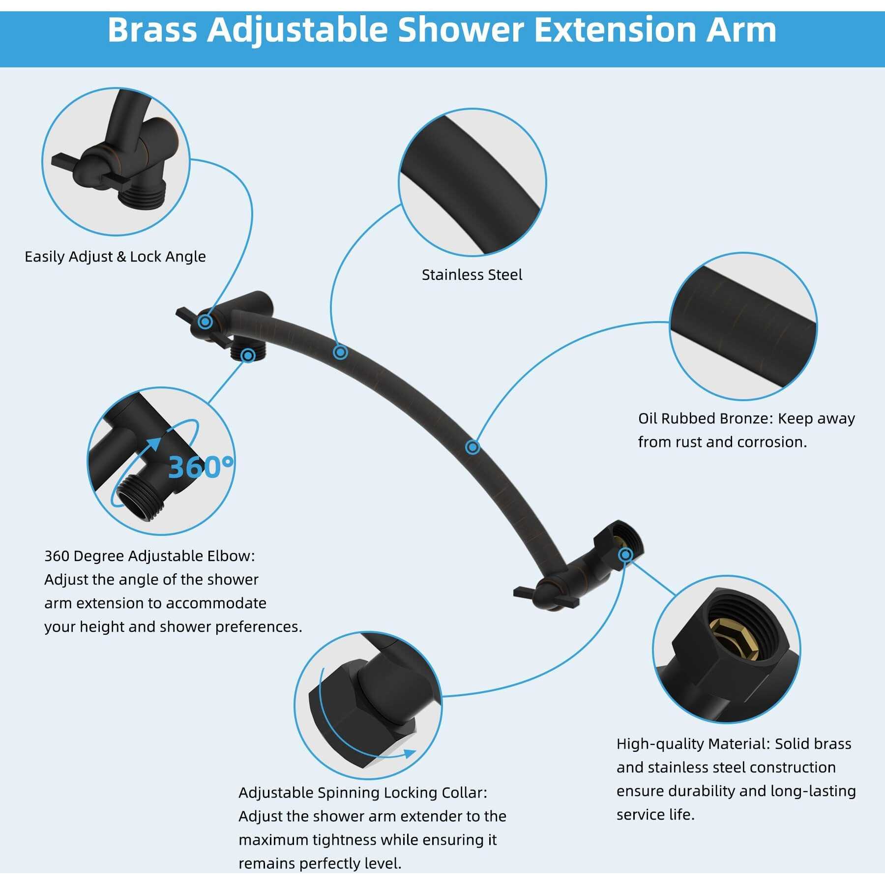 Hibbent All Metal 10'' Shower Head Extension Arm, Solid Brass Flexible Height & Angle Adjustable Shower Arm Extender, Universal Connection, Stainless Steel Pipe Height Extending, Oil Rubbed Bronze