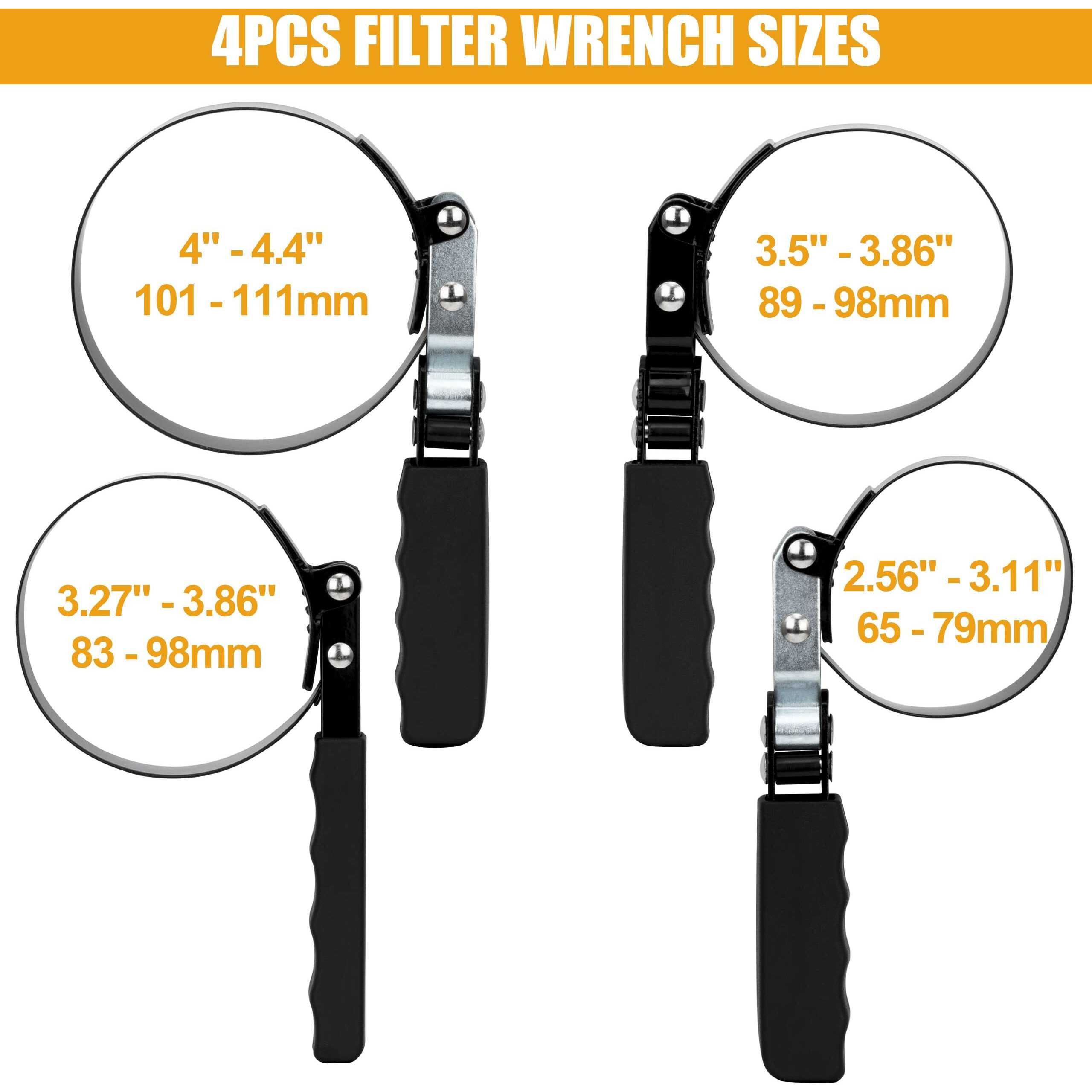 Yunmian Oil Filter Wrench Set, 4Pcs Heavy Duty Oil Filter Wrench 2.56   -3.11   , 3.27   -3.86   , 3.5   -3.86   , 4   -4.4   Swivel Oil Filter Remover Pliers, Oil Change Tools Set For Removing Oil Filters