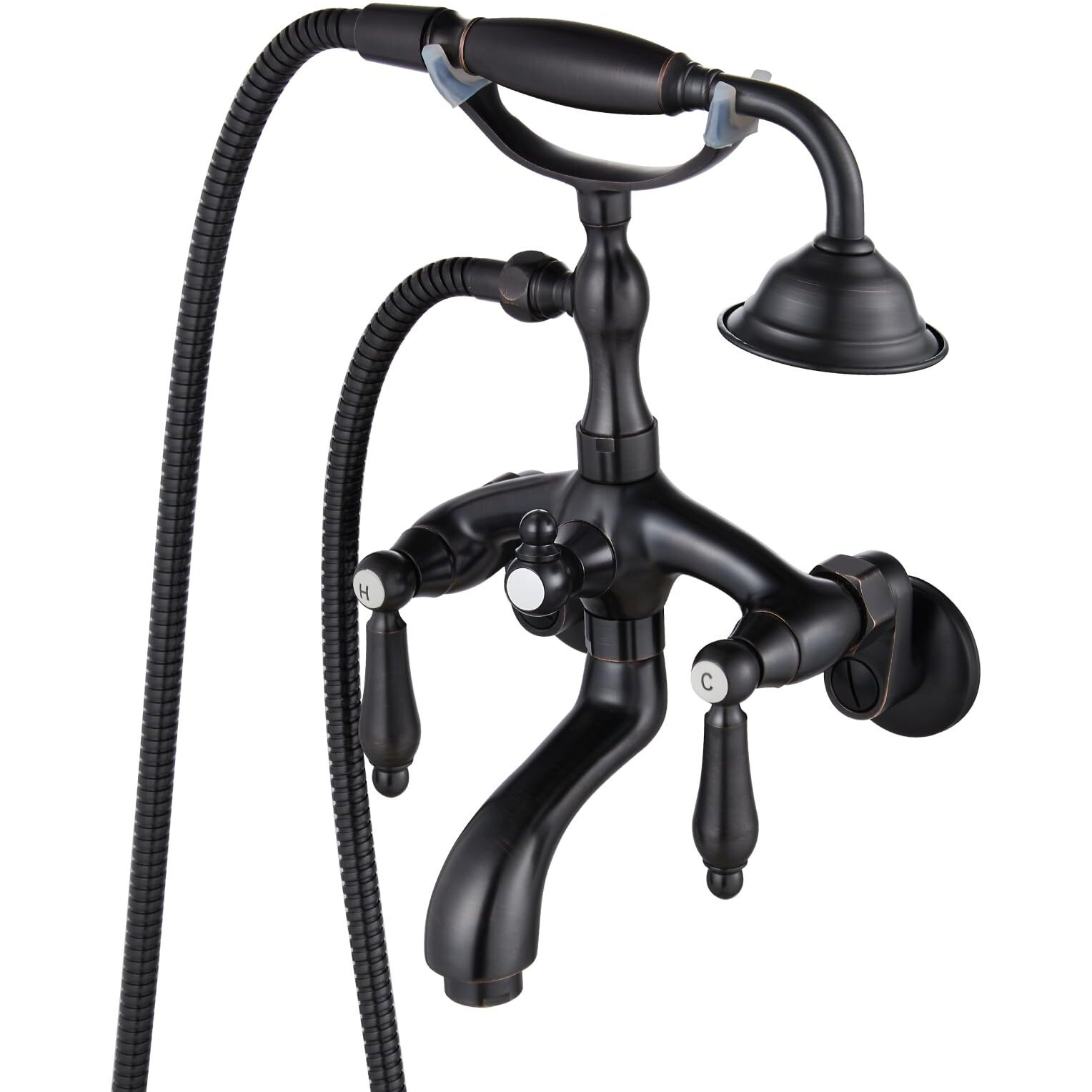 Gotonovo Wall Mount 3 3/8 Clawfoot Tub Faucet For Bathtub With Hand Held Shower Sprayer Double Level Handle With Hot And Cold Water Adapter Adjustable Swing Arms Oil Rubbed Bronze