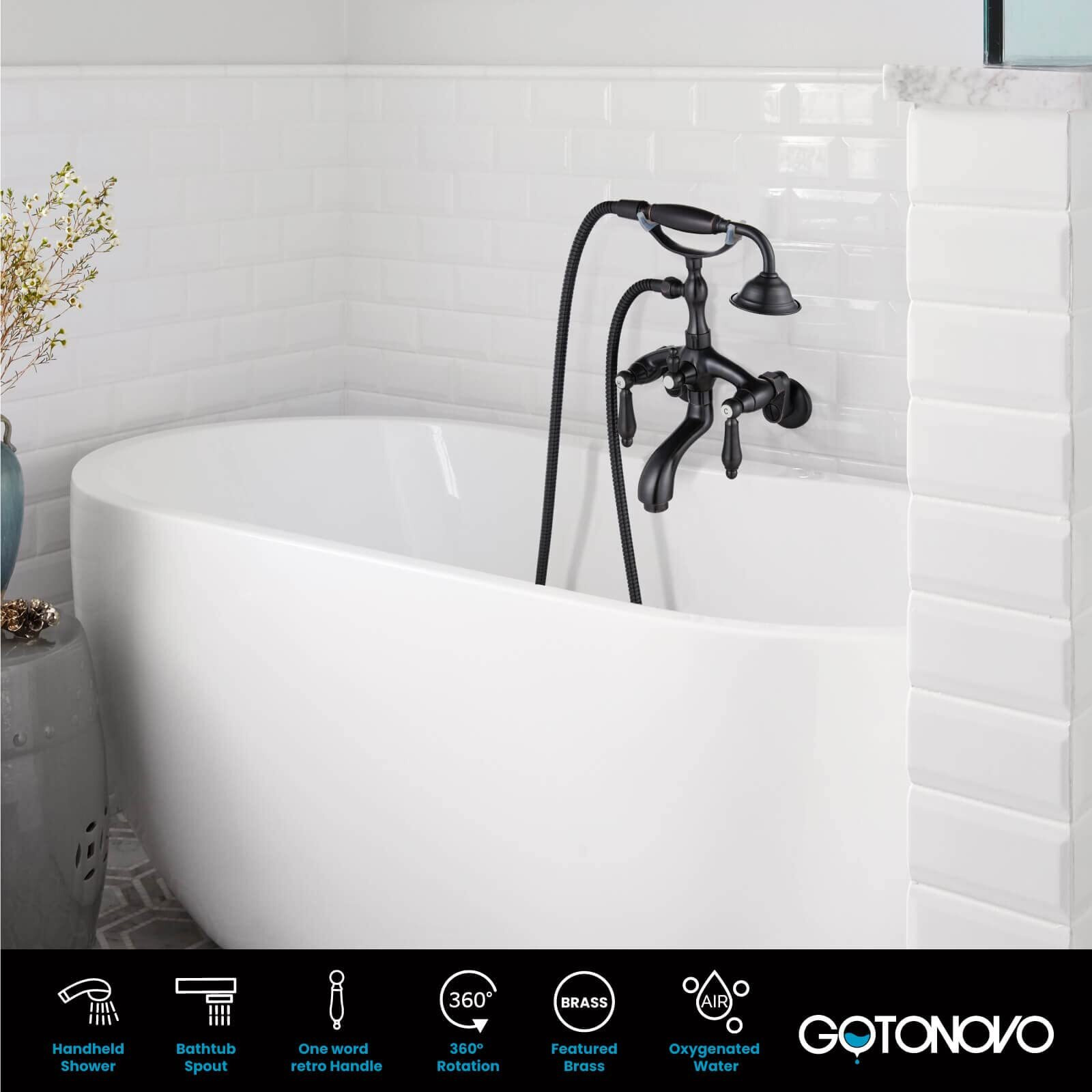 Gotonovo Wall Mount 3 3/8 Clawfoot Tub Faucet For Bathtub With Hand Held Shower Sprayer Double Level Handle With Hot And Cold Water Adapter Adjustable Swing Arms Oil Rubbed Bronze