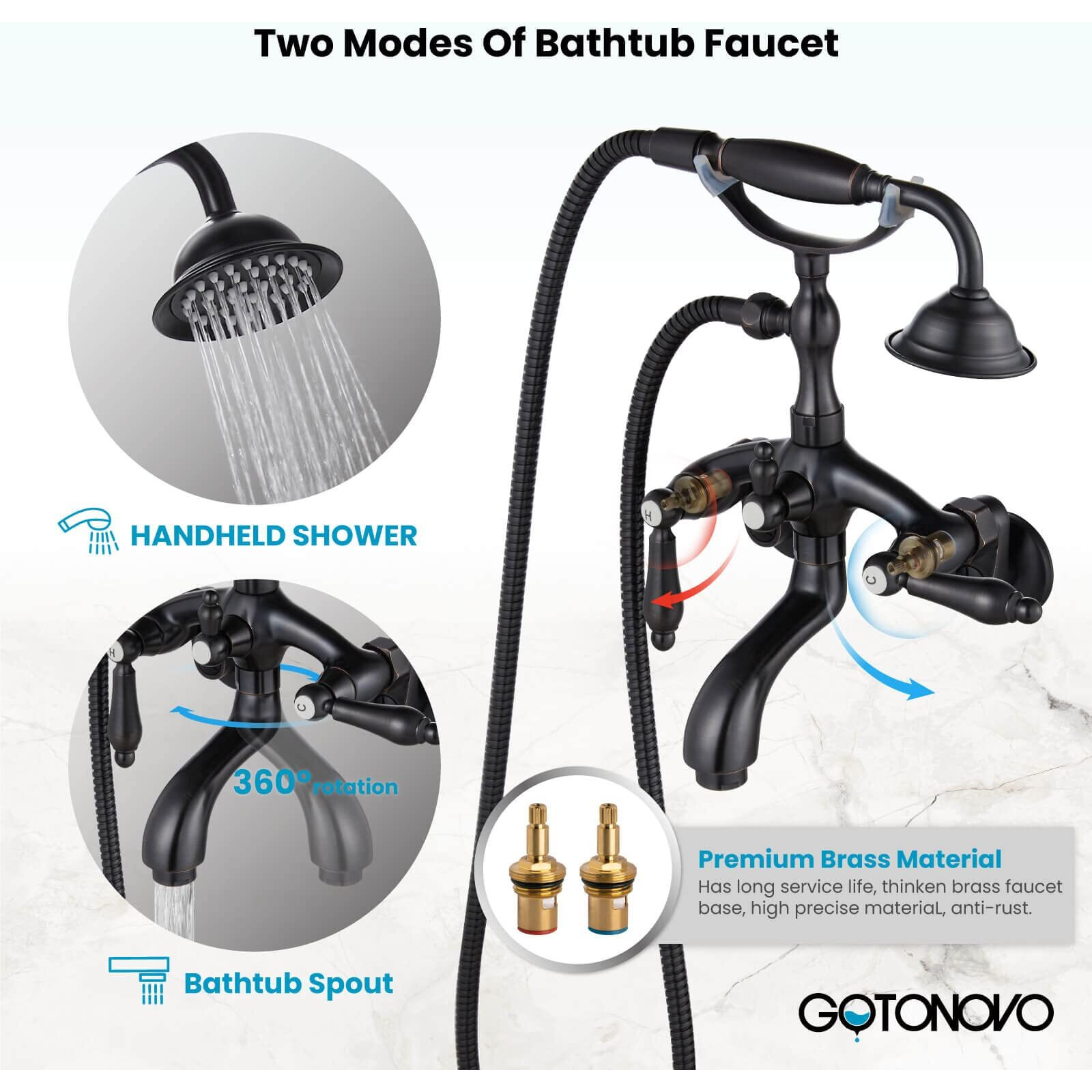 Gotonovo Wall Mount 3 3/8 Clawfoot Tub Faucet For Bathtub With Hand Held Shower Sprayer Double Level Handle With Hot And Cold Water Adapter Adjustable Swing Arms Oil Rubbed Bronze