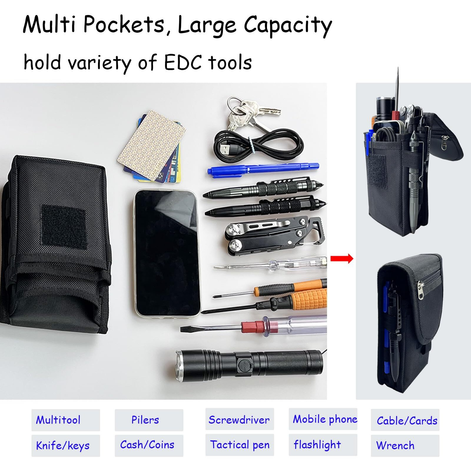 Belt Tool Pouch,Tactical Utility Pouch, Heavy-Duty Nylon Edc Multitool Organizer,Cell Phone Holder, Multi-Pockets Tool Holster Sheath Bag For Electricians Handymen Work Maintenance Dailylife Hiking