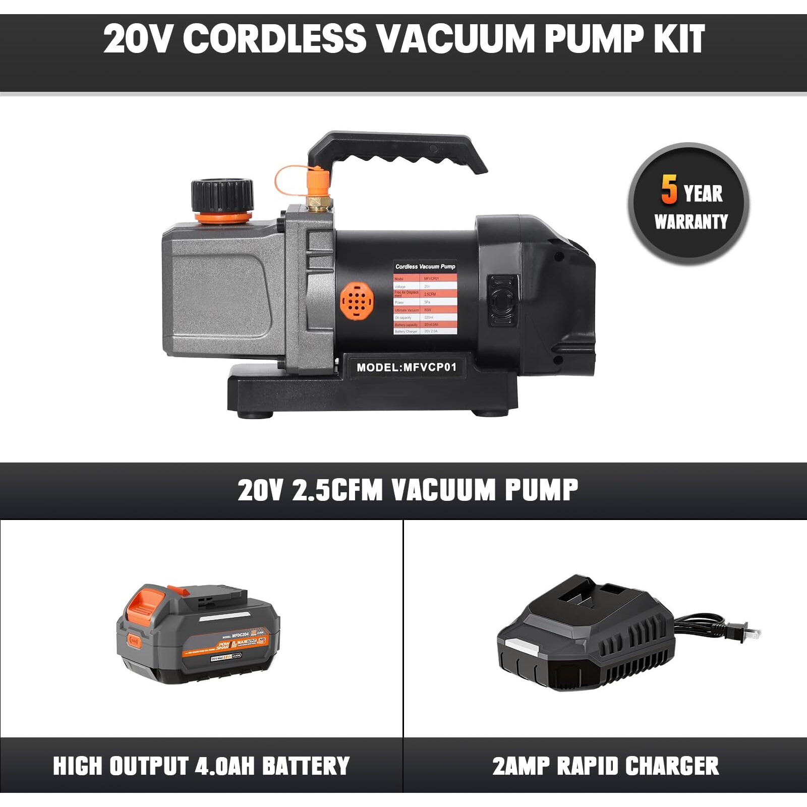Cordless 2.5Cfm Vacuum Pump Kit Compatible With Dewalt 20V Max Battery, 80W Single Stage, Battery Powered, W/ 4.0Ah Battery, 220Ml Oil Bottle, Hvac Vacuum Pump For Automotive, R134A, R410A, R22