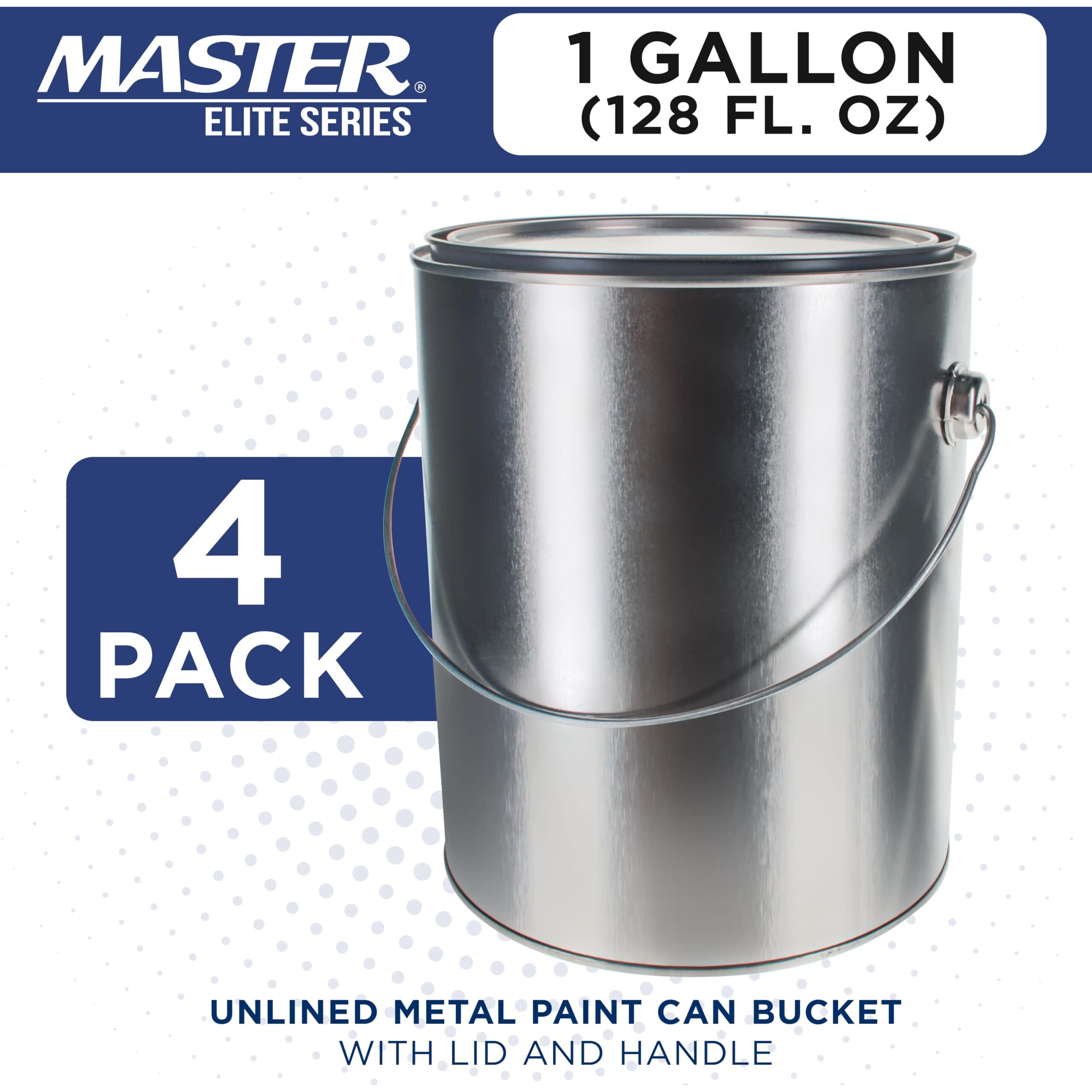 Master Elite 1 Gallon Unlined Empty Metal Paint Can Bucket With Lids, Bail Handles, Pack Of 4 - Triple Tight Seal, 128 Fl. Oz. Steel Coating Storage Container Tin - Store Leftover Oil-Based Paint Auto