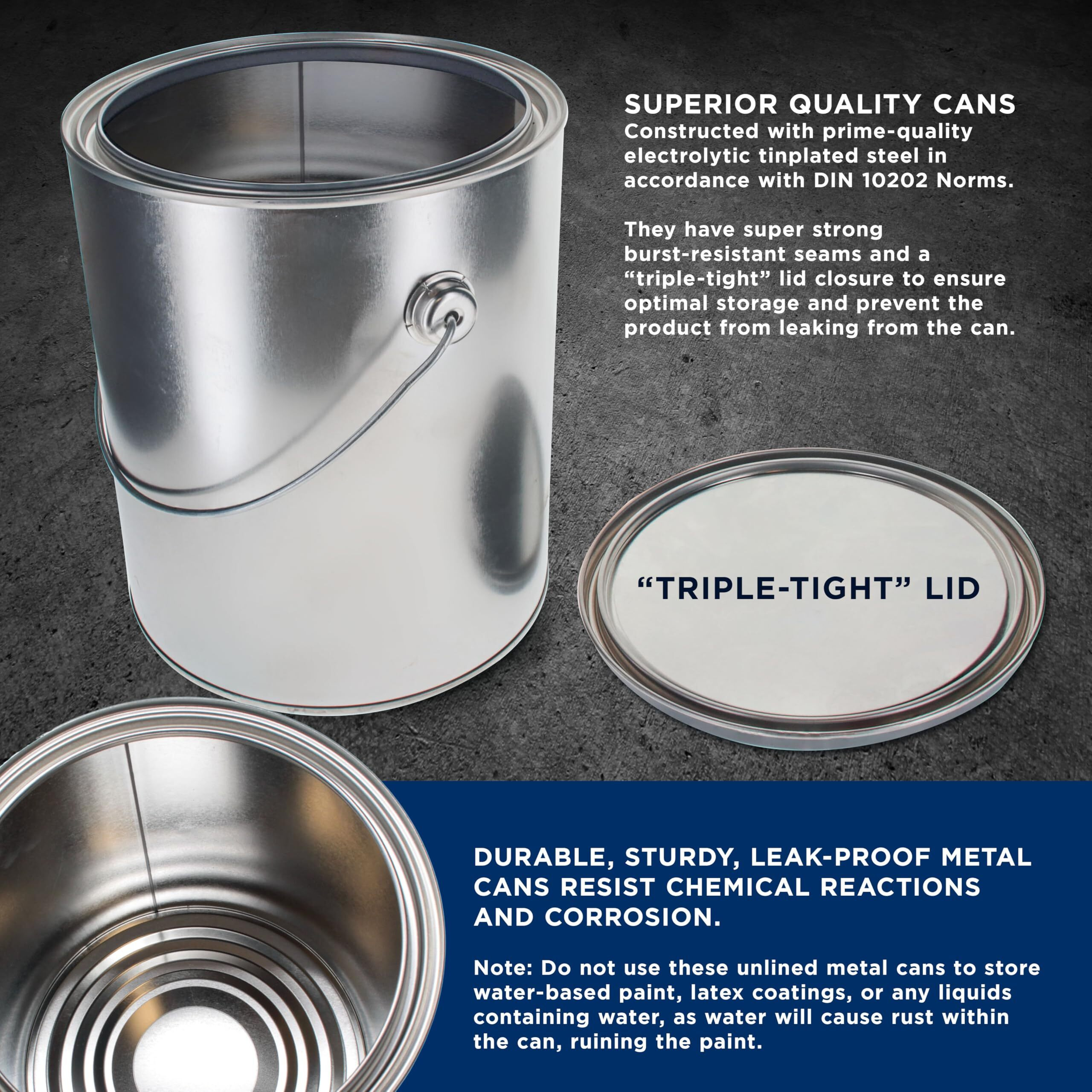 Master Elite 1 Gallon Unlined Empty Metal Paint Can Bucket With Lids, Bail Handles, Pack Of 4 - Triple Tight Seal, 128 Fl. Oz. Steel Coating Storage Container Tin - Store Leftover Oil-Based Paint Auto