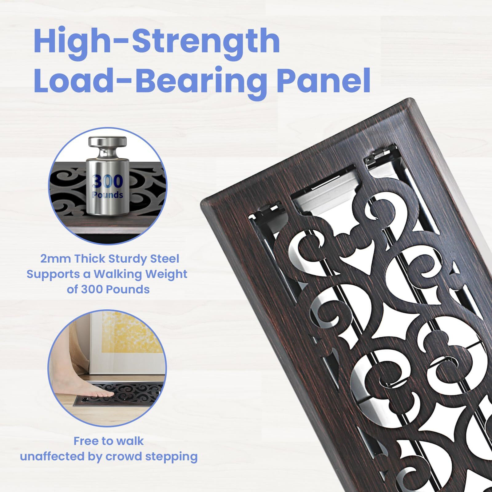 Howeall Floor Register- 4''X10'' Heavy Duty Steel Walkable, Adjustable Airflow Control Lever Floor Vents, Orleans Design Vent Cover For Home- Oil Rubbed Bronze