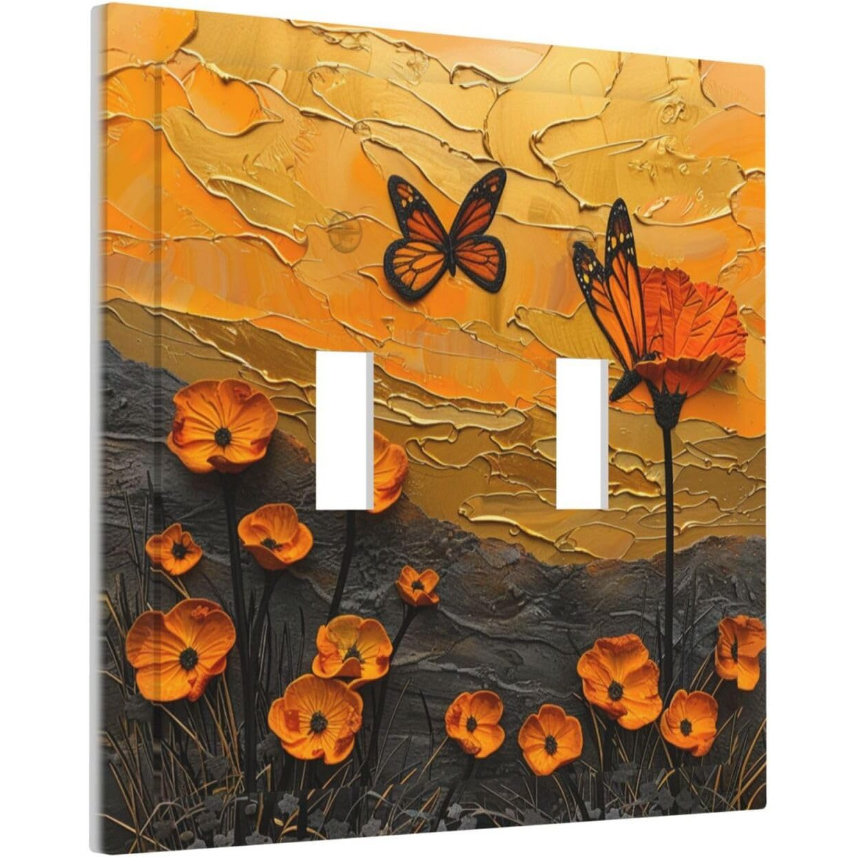 Xuejiaku Decorative Light Switch Cover Oil Painting Abstract Orange Butterfly Flower 2 Gang Wall Plates Double Toggle Switch Plate Decora Electrical Outlet Cover Faceplates For Bedroom Home Decor