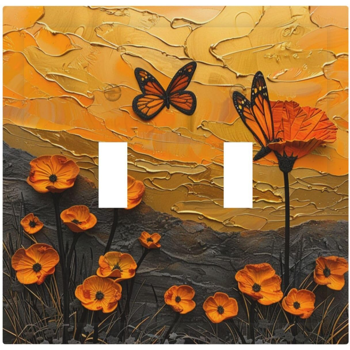 Xuejiaku Decorative Light Switch Cover Oil Painting Abstract Orange Butterfly Flower 2 Gang Wall Plates Double Toggle Switch Plate Decora Electrical Outlet Cover Faceplates For Bedroom Home Decor