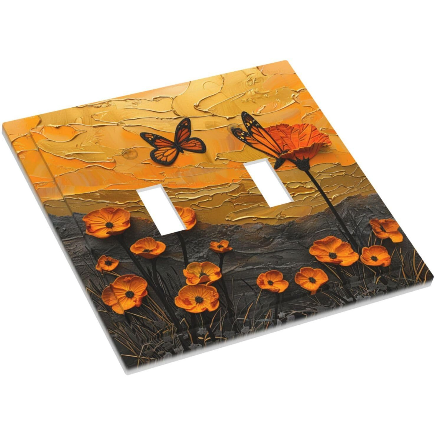 Xuejiaku Decorative Light Switch Cover Oil Painting Abstract Orange Butterfly Flower 2 Gang Wall Plates Double Toggle Switch Plate Decora Electrical Outlet Cover Faceplates For Bedroom Home Decor