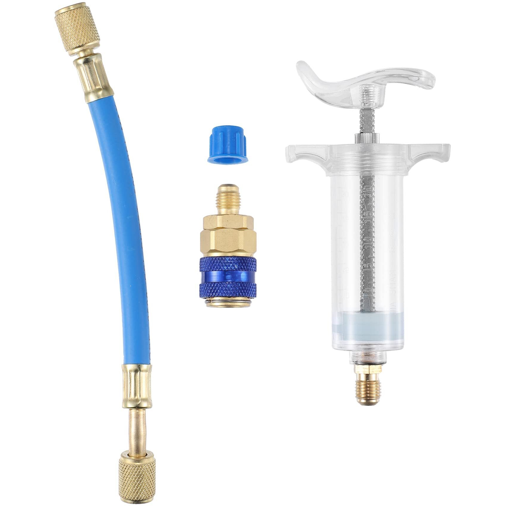 X Autohaux Oil And Dye Injectors Kit 30Ml/1 Oz Hand Push Compressor Manual Ac Oil Dye Injector With Quick Coupler 1/4 Sae Connector Car Hvac Compressor Oil Dye Injector Refrigerant Tool