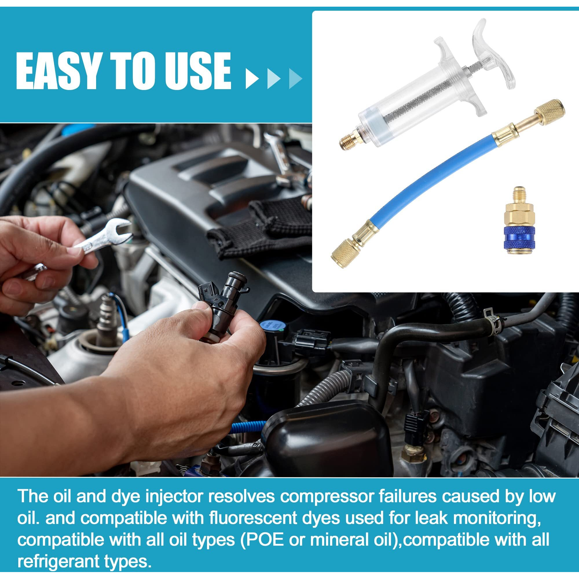 X Autohaux Oil And Dye Injectors Kit 30Ml/1 Oz Hand Push Compressor Manual Ac Oil Dye Injector With Quick Coupler 1/4 Sae Connector Car Hvac Compressor Oil Dye Injector Refrigerant Tool