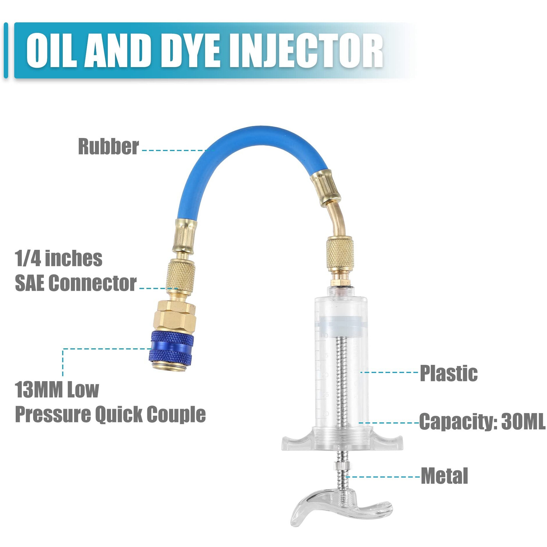 X Autohaux Oil And Dye Injectors Kit 30Ml/1 Oz Hand Push Compressor Manual Ac Oil Dye Injector With Quick Coupler 1/4 Sae Connector Car Hvac Compressor Oil Dye Injector Refrigerant Tool