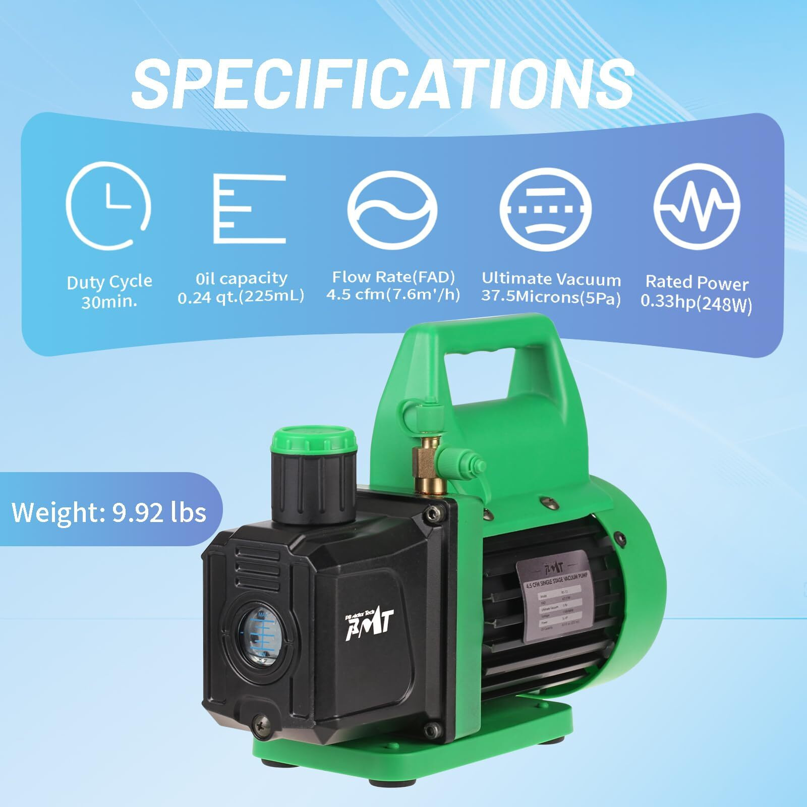 Pb Motor Tech 4.5Cfm 1/3Hp Vacuum Pump-110V Rotary Vane Air Pump For Ac, Refrigerant Recharging, Resin Degassing, And More. Oil Not Included