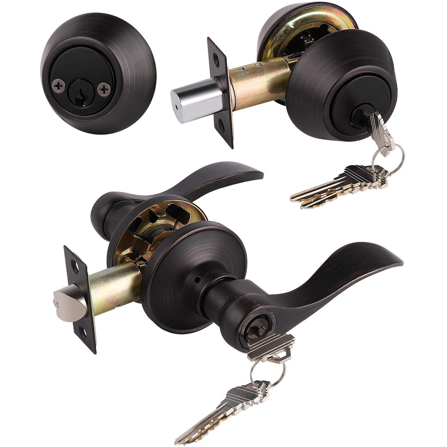Entry Door Handle And Double Cylinder Deadbolt Combo Locksets In Oil Rubbed Bronze,5 Pack Keyed Alike Wave Style Lever For Exterior/Front Door