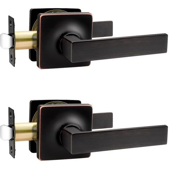 Mengico 2 Pack Interior Passage Door Lever,Oil Rubbed Bronze Left Or Right Handing For Closet And Hallway Doors,Square Heavy Duty Door Handle Set