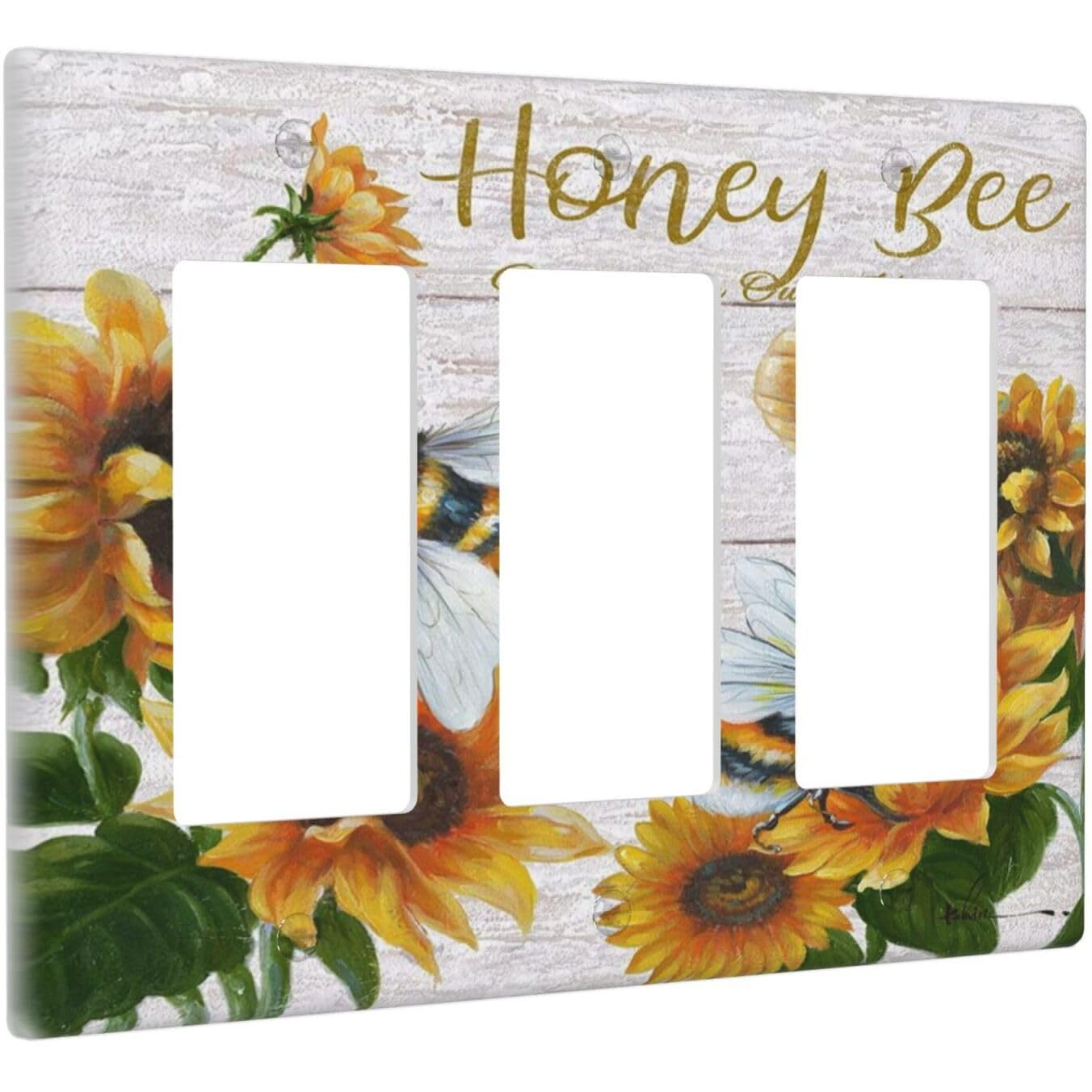 Rustic Wooden Sunflower Bee Oil Painting Triple Rocker/Decora Receptacle Outlet Faceplate 3 Gang Rocker Decorative Electrical Switchplate Decorative For Farmhouse Bathroom Home Decor