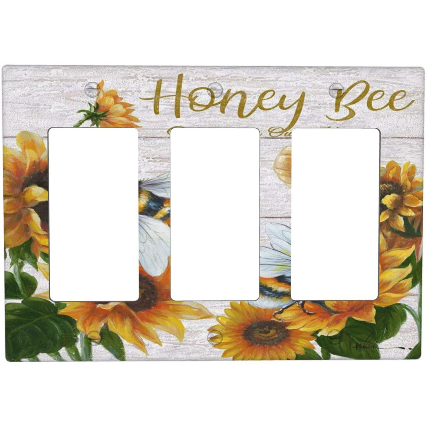 Rustic Wooden Sunflower Bee Oil Painting Triple Rocker/Decora Receptacle Outlet Faceplate 3 Gang Rocker Decorative Electrical Switchplate Decorative For Farmhouse Bathroom Home Decor