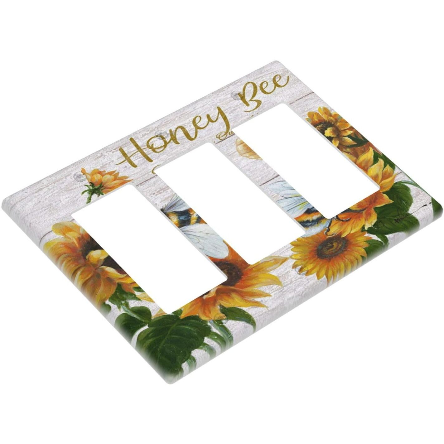 Rustic Wooden Sunflower Bee Oil Painting Triple Rocker/Decora Receptacle Outlet Faceplate 3 Gang Rocker Decorative Electrical Switchplate Decorative For Farmhouse Bathroom Home Decor