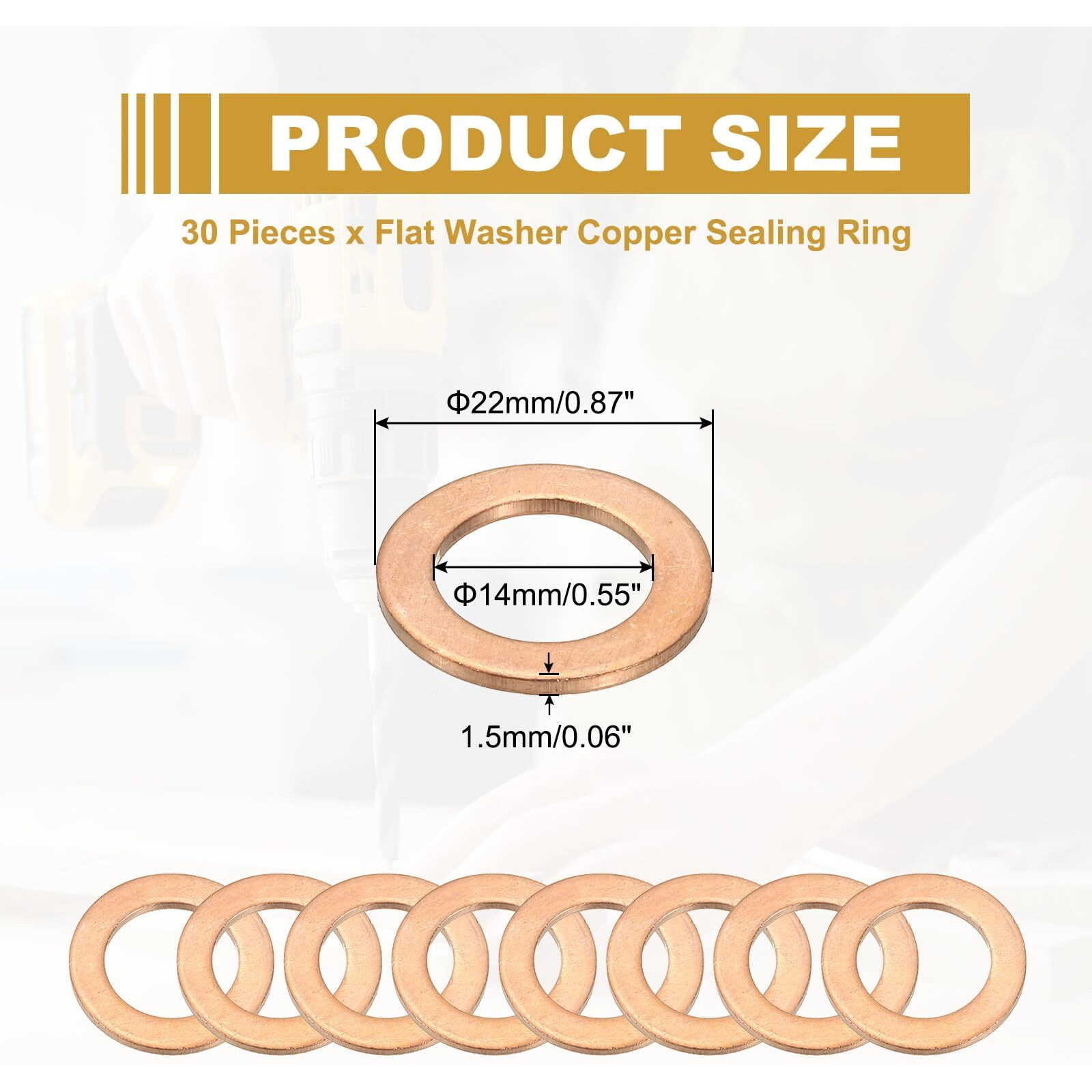 Patikil M14 Copper Washer Sealing Ring, 30 Pieces 14Mm Id 22Mm Od 1.5Mm Thickness Metric Flat Sealing Gasket Crush Washer For Screws Bolt Sump Plugs Oil Drain