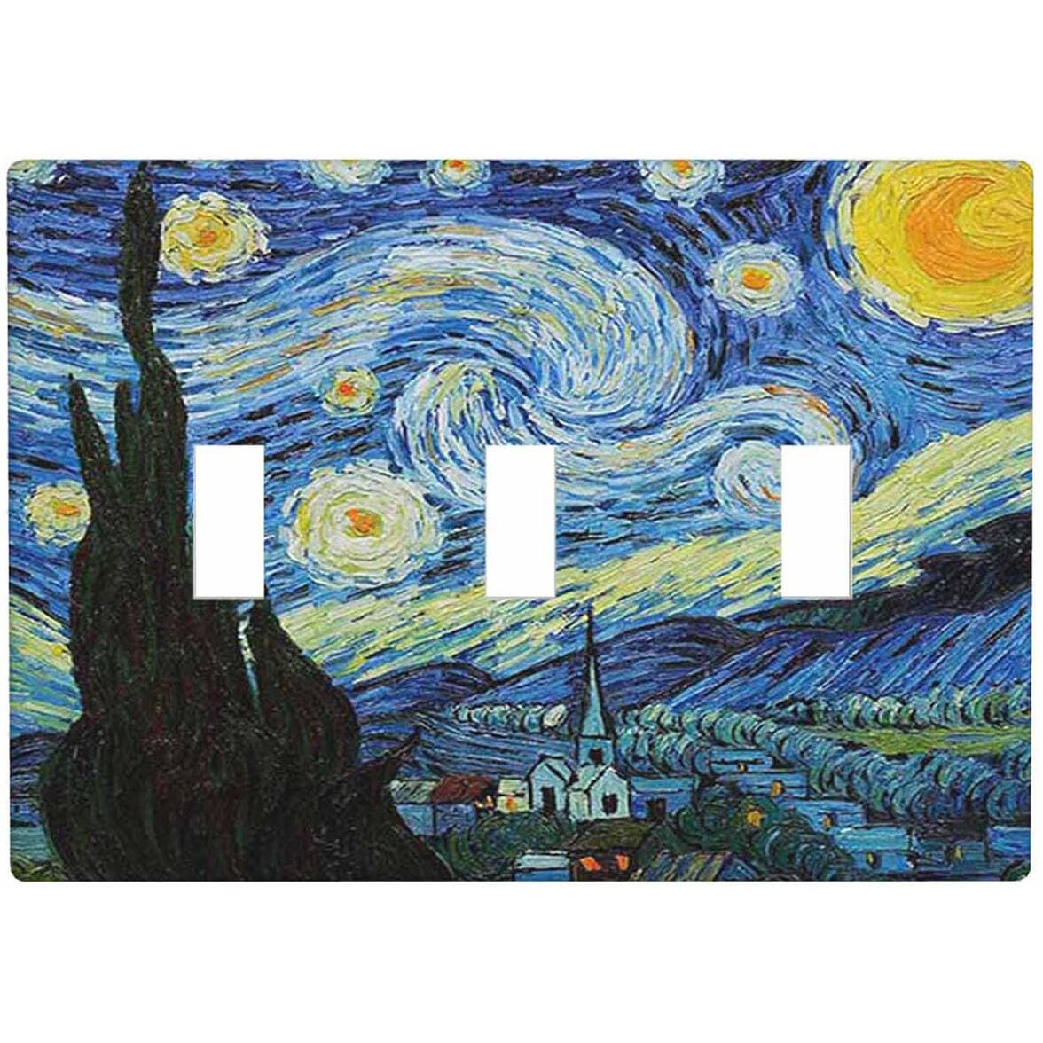 Moslion Starry Night 3-Gang Light Switch Cover Van Gogh Oil Painting Arts Farmhouse Sky Moon Triple Toggle Wall Plate Outlet For Kitchen Bathroom Bedroom Home