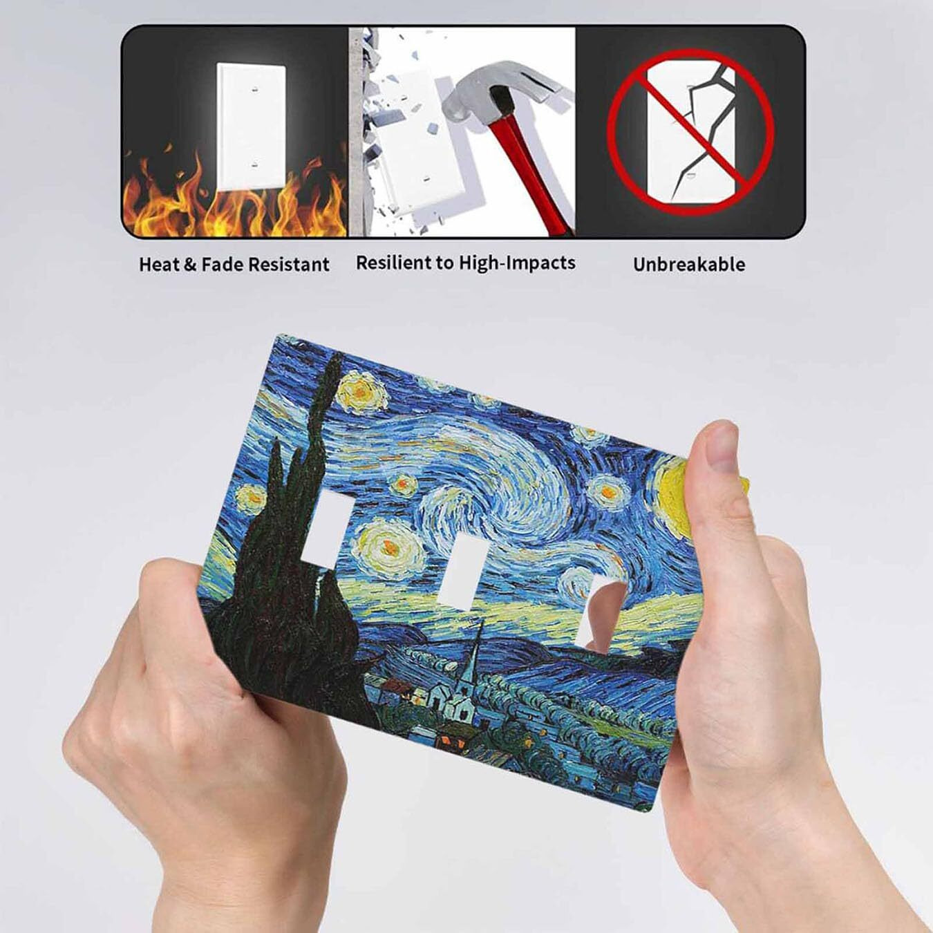 Moslion Starry Night 3-Gang Light Switch Cover Van Gogh Oil Painting Arts Farmhouse Sky Moon Triple Toggle Wall Plate Outlet For Kitchen Bathroom Bedroom Home