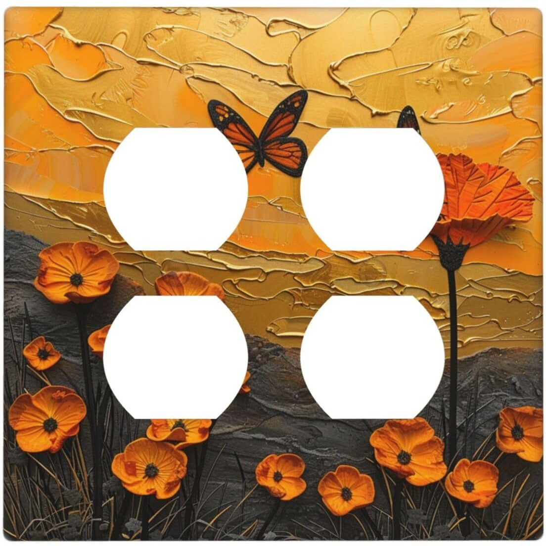 Xuejiaku Outlet Covers Oil Painting Abstract Orange Butterfly Flower 2 Gang Decorative Light Switch Cover Double Duplex Socket Cover Switch Plates Electrical Wallplates For Bedroom Home Decor