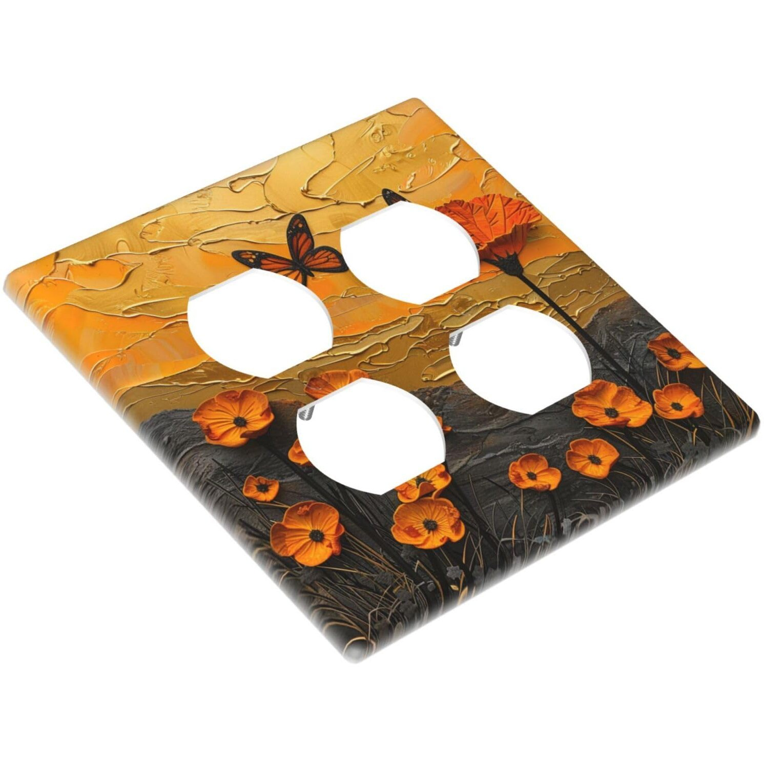 Xuejiaku Outlet Covers Oil Painting Abstract Orange Butterfly Flower 2 Gang Decorative Light Switch Cover Double Duplex Socket Cover Switch Plates Electrical Wallplates For Bedroom Home Decor