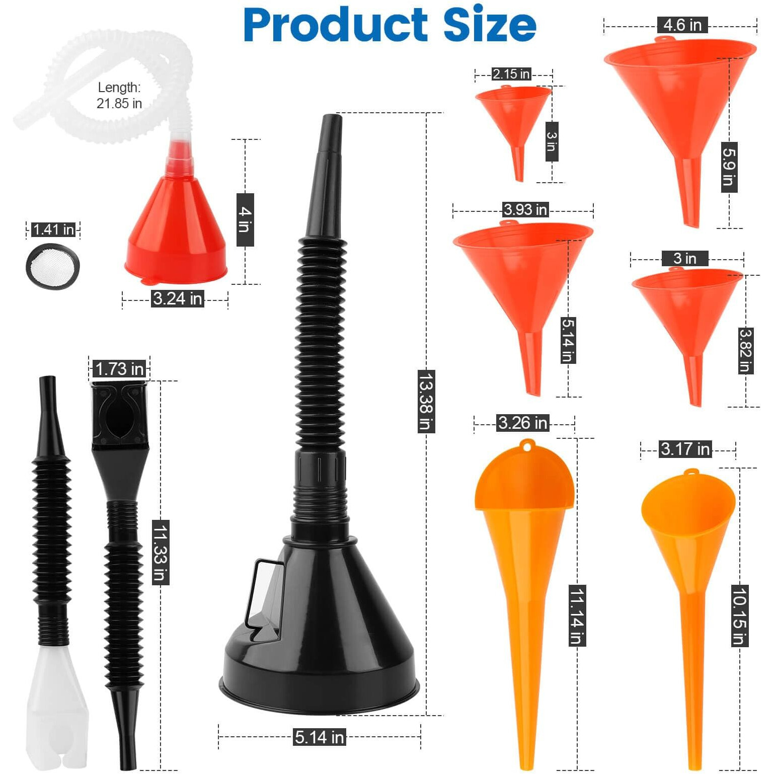 10 Pcs Automotive Funnels Set, Plastic Long Neck Oil Funnels, Universal Wide Mouth Fuel Funnels With Handle And Hose For Filling Coolant, Engine Oil, Gasoline