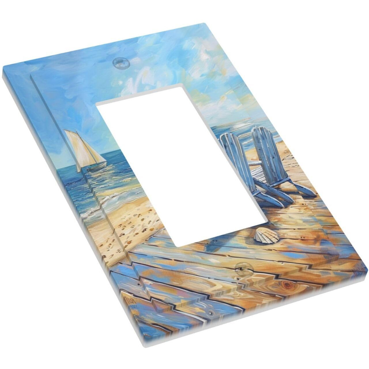 Xuejiaku Decorative Outlet Covers Sea Beach Chair Oil Painting Ocean Sailboat 1 Gang Light Switch Cover Single Rocker Wallplates Decora Gfci Electrical Socket Cover For Bathroom Home Decor