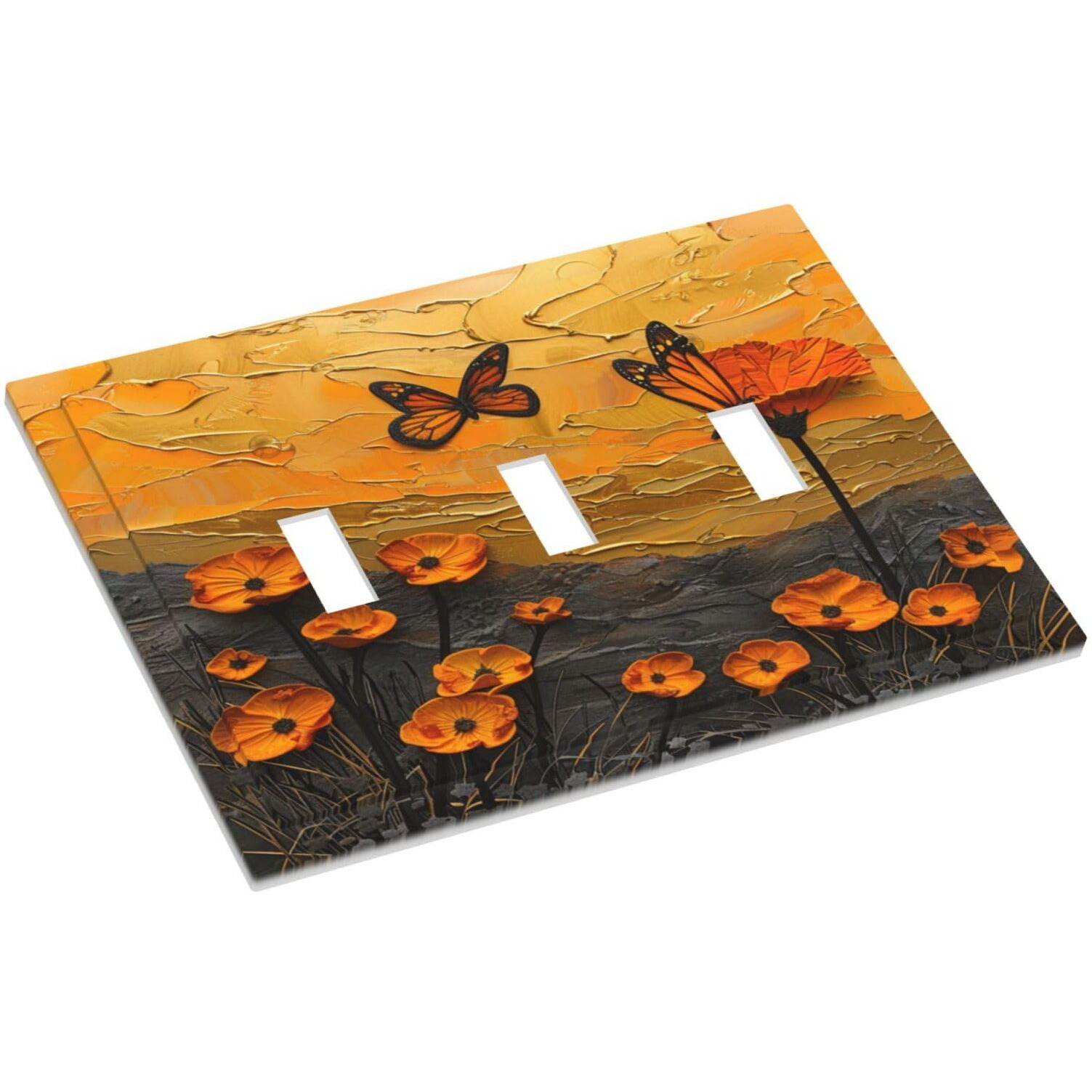 Xuejiaku Light Switch Cover Plate Oil Painting Abstract Orange Butterfly Flower 3 Gang Wall Plate Triple Light Switch Plate Toggle Decorative Outlet Covers Electrical Switchplate For Bedroom Home