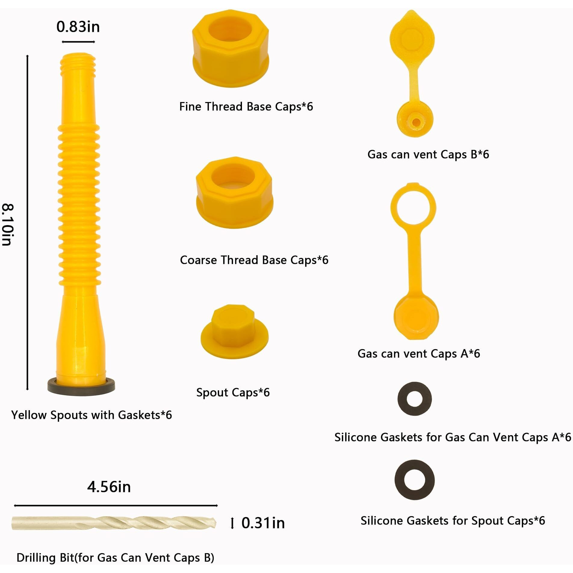 Gas Can Spout Replacement Set, Gas Can Nozzle Old Style Easy To Install, Flexible Pour Nozzle Suitable For Most 1/2/5/10 Gallon Oil Cans (6 Kit-Yellow)