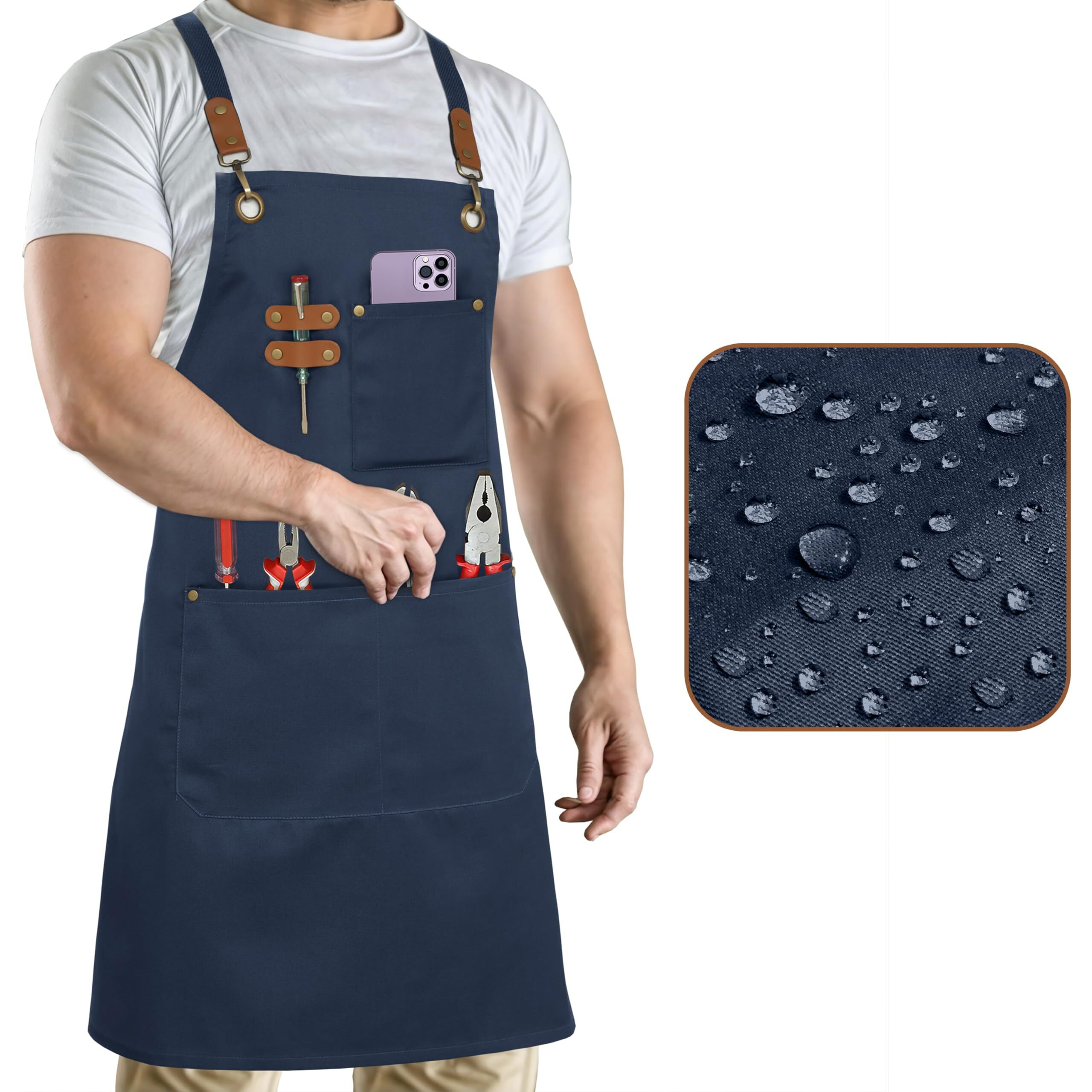 Ruvanti Work Aprons For Men, Oil & Water Repellent, Polycotton Cross Back Aprons For Women With Pockets, Adjustable Up To Xxl, Chef Aprons For Cooking, Grilling, Welding, Woodworking - Blue Aprons