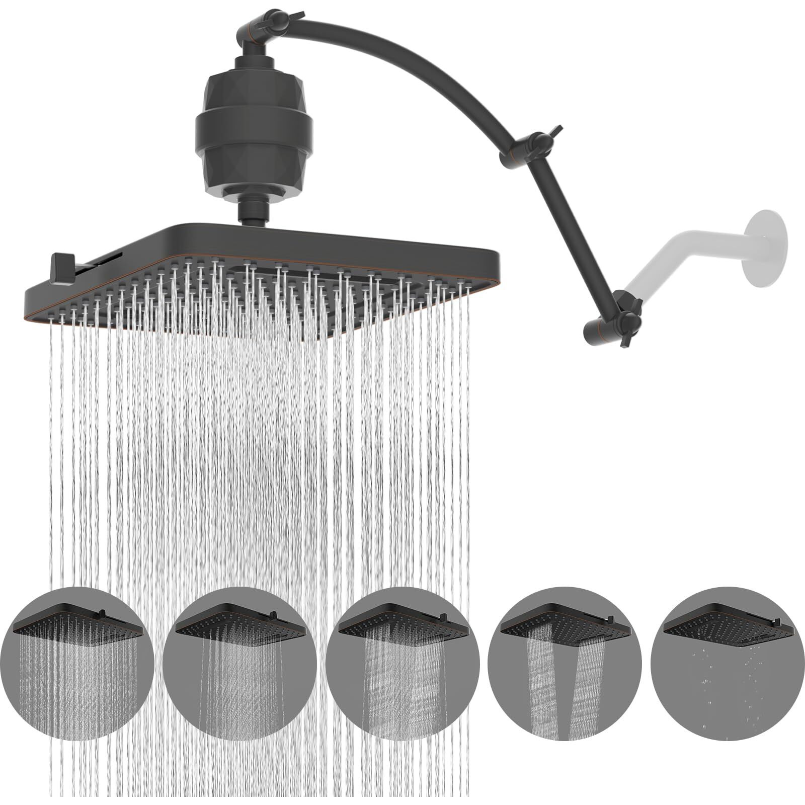 Hibbent Rain Filtered Shower Head, 13'' High Pressure Rainfall 5 Modes Showerhead With 16"" Shower Head Extension Arm, Brass Adjustable Shower Arm Extender, 20 Stage Shower Filter, Oil Rubbed Bronze