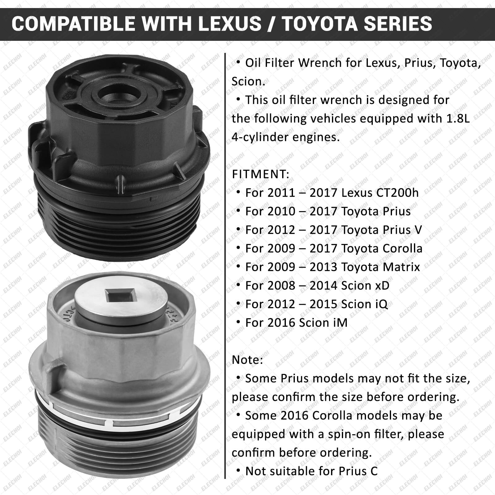 Elechoi 64Mm 14 Flutes/6 Slots Oil Filter Cap Wrench Removal Tool Socket Compatible With Toyota, Lexus, Prius, And Scion Vehicles Equipped With 1.8L 4-Cylinder Engines, Black Heavy-Duty Aluminum