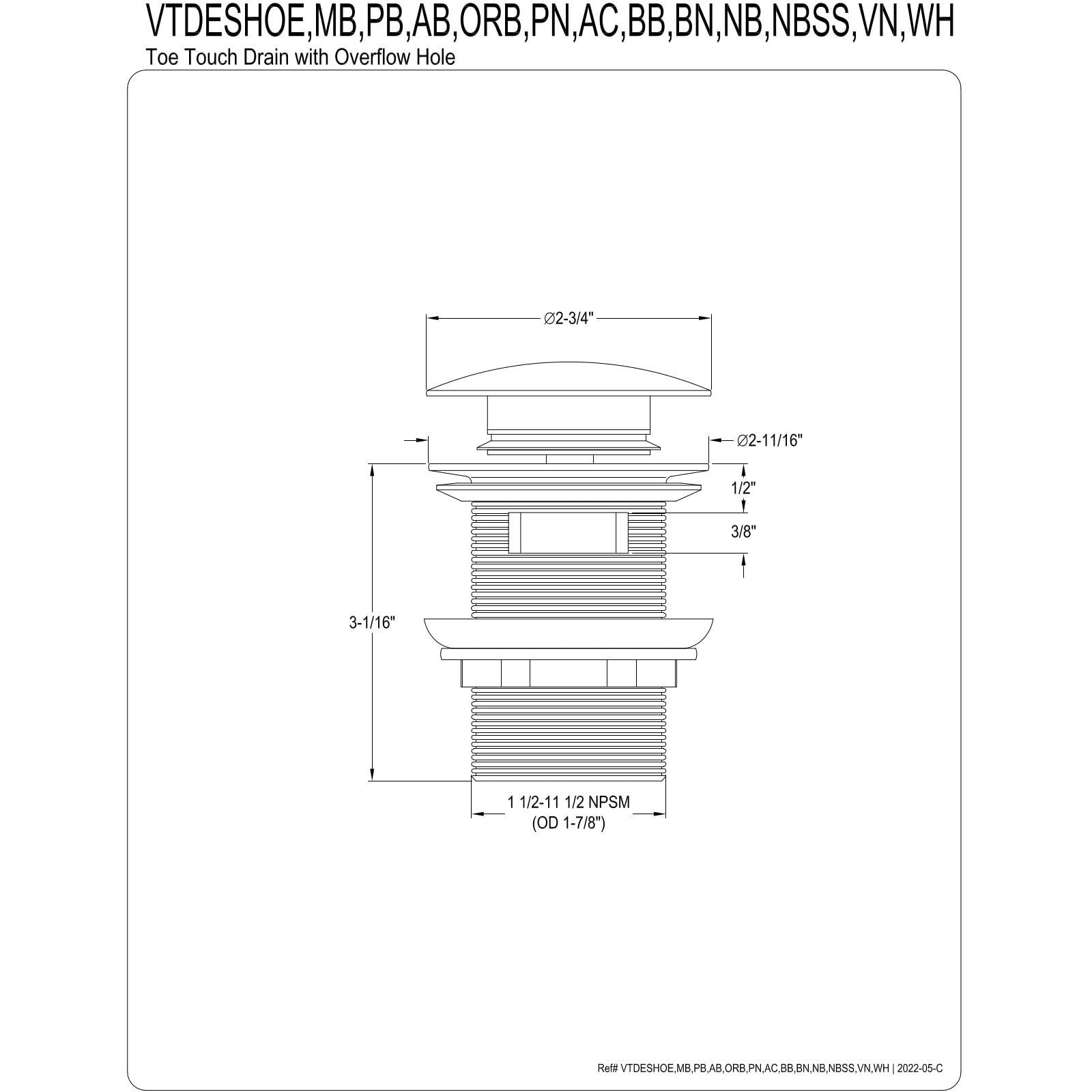 Kingston Brass Vtdeshoeorb Trimscape Toe-Touch Tub Overflow, 1-1/2"" Threaded Drain, Oil Rubbed Bronze